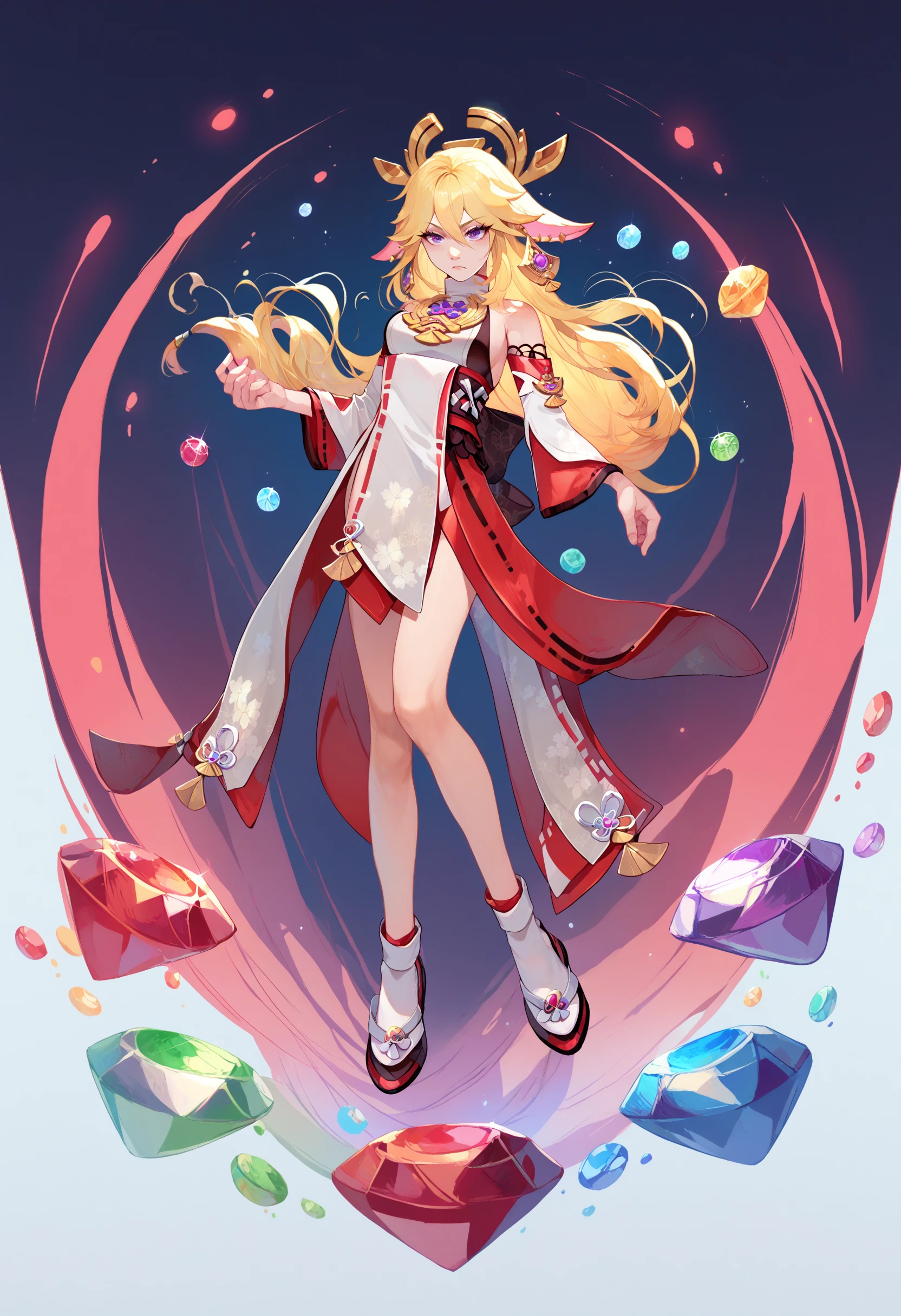 score_9, score_8_up, score_7_up, chaoes emerald, gemstone, gem, <lora:ChaosEmeraldSurrounded_pdxl_Incrs_v1:1>, 1girl, yae miko, full body, spiky hair, blonde hair, red gemstone, gemstones, green gemstone, blue gemstone,