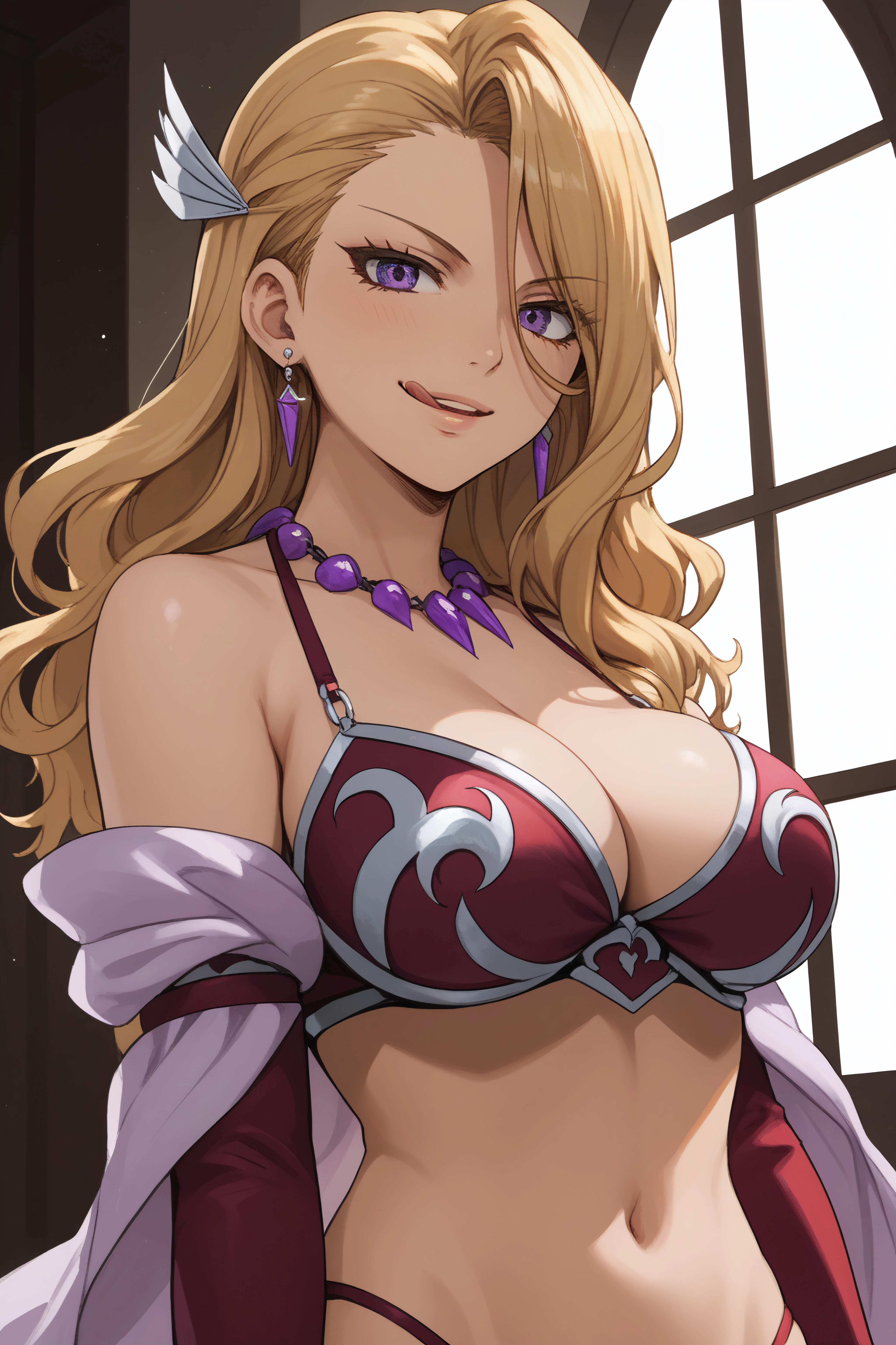 score_9, score_8_up, score_7_up, BREAK source_anime, <lora:Kiria-PonyXL-lora-Faxtron:0.8> kiria, purple eyes, blonde hair, long hair, large breasts, tattoo, hair ornament, earrings, necklace, red bikini armor, bare shoulders, cleavage, detached sleeves, shawl, licking lips