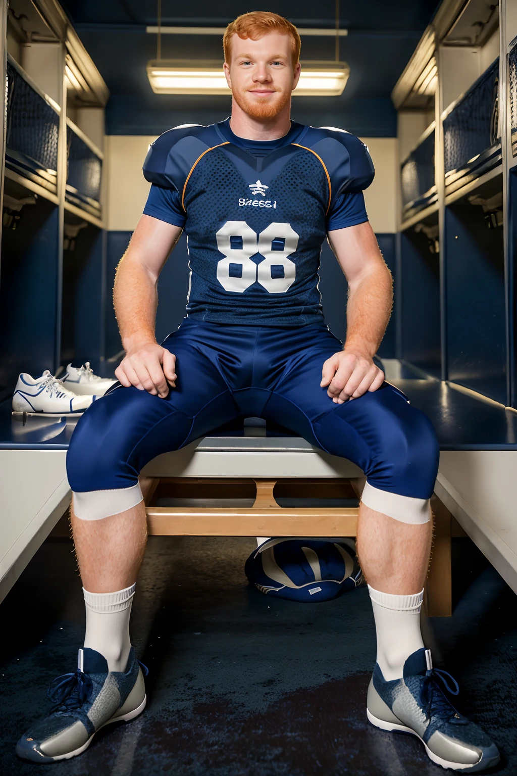 locker room, sitting on a bench, in front of lockers, smiling, ginger hair, DacotahRed  is an (American football player), wearing (football uniform:1.3), (dark blue jersey:1.3), dark blue (shoulder pads), jersey number 88, (dark blue football pants:1.4), (white socks:1.3), long socks, (sneakers:1.3), (((full body portrait))), wide angle  <lora:DacotahRed:0.8>