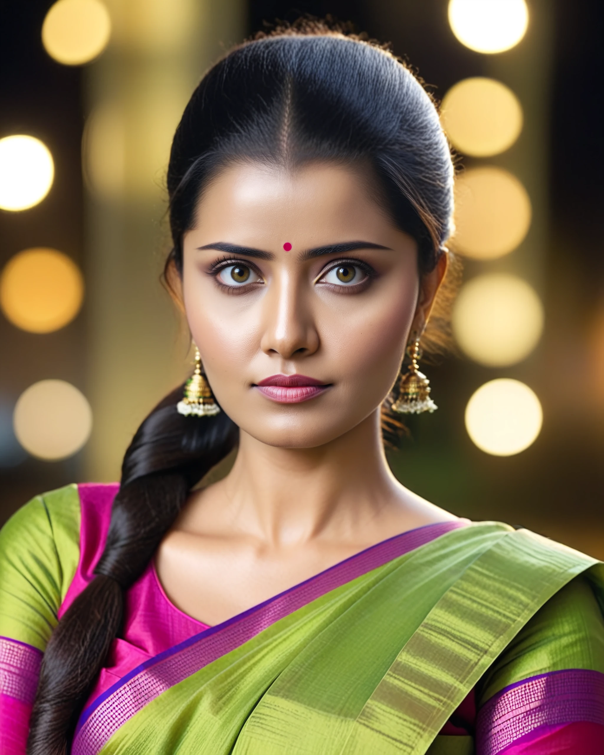 portrait photo of Anu Param woman, solo, ponytail hair cut, serious look, looking at the camera, ethnic Lime saree and blouse, night time, contrasting background bokeh,  skindentation,  <lora:Anu_Param_SDXL_LoRA_prodigy_local_xformers_HNE:1>