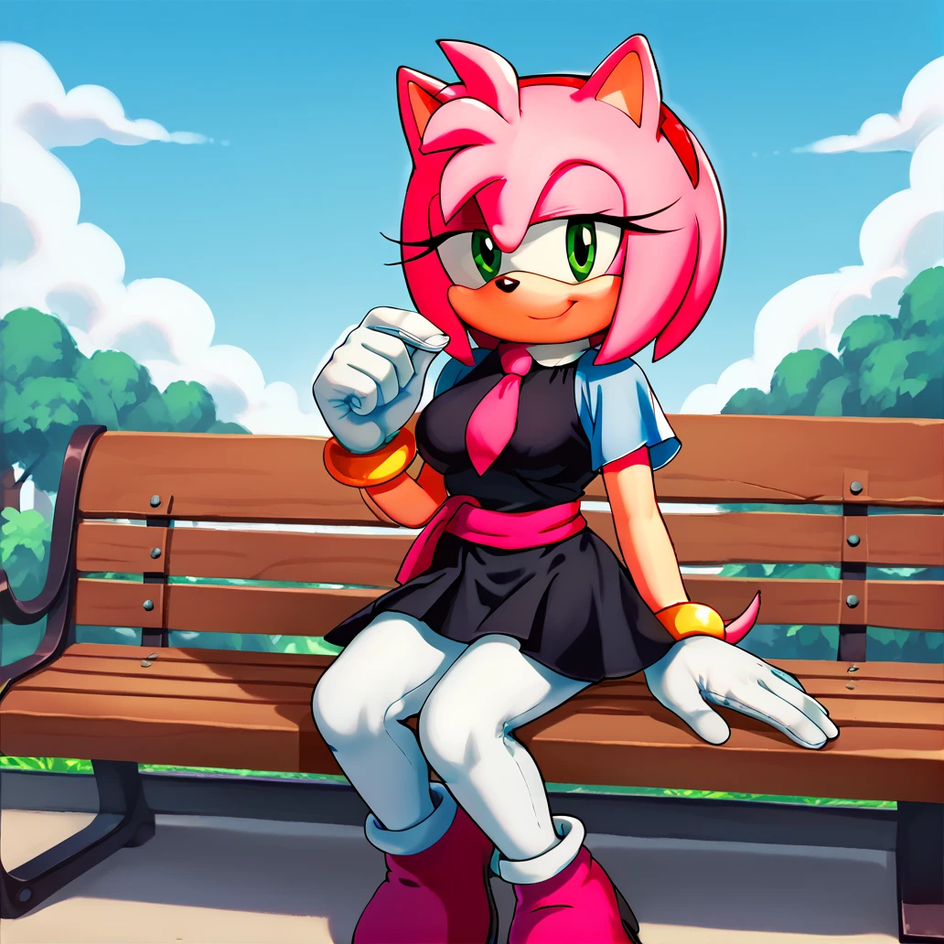[Amy Rose], [sonic the hedgehog \(series\)], [Uploaded to e621.net; (Pixelsketcher), (twistedterra), (napalm_express)], ((masterpiece)), ((solo portrait)), ((front view)), ((full body)), ((detailed fur)), ((detailed shading)), ((beautiful render art)), ((intricate details)), {anthro, (pink fur), black nose, animal ears, cute green eyes, short hair, headband, short tail, (beautiful legs), (expressionless), (pouting)}, {(short red dress), (red knee-high boots), (white stripes on boots)}, {(sitting on bench), (legs crossed), (head resting on hand), (upskirt white panties), (looking at viewer)}, [background; (park), (dirt pathway), (blue sky), (sun rays)]