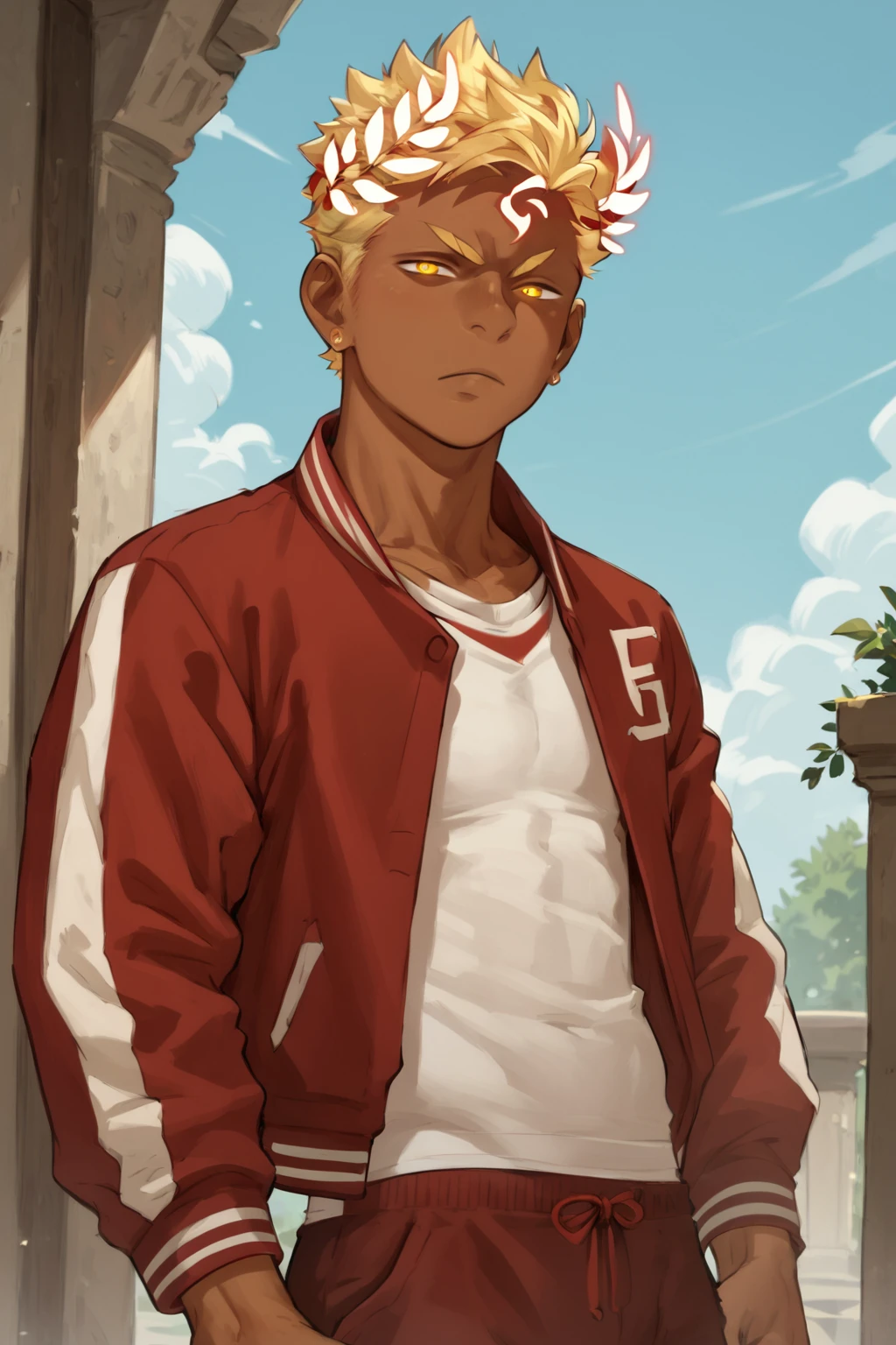 score_9, score_8_up, score_7_up,  1boy,  <lora:Apollo_Mentaiko:0.8>, solo, Apollo, blonde hair, multicolor hair, yellow eyes, blonde eyebrows, [dark skin],  earrings,letterman jacket, red jacket, serious, laurel crown, glowing eyes, standing, looking at viewer, outdoors, sky, <lora:add-detail-xl:1.2>,  <lora:OtherStyle_01:0.8>