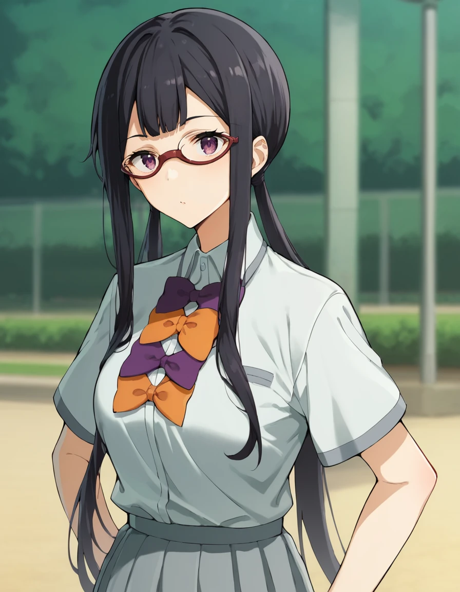 score_9, score_8_up, score_7_up, source_anime, BREAK
1girl, solo, looking at viewer, blurry background, outdoors,
koto tsukinoki, long hair, black hair, twintails, sidelocks, glasses, purple eyes
school uniform, white collared shirt, short sleeves, purple bow, orange bow, grey pleated skirt,
<lora:koto_tsukinoki_anime-soralz:1>