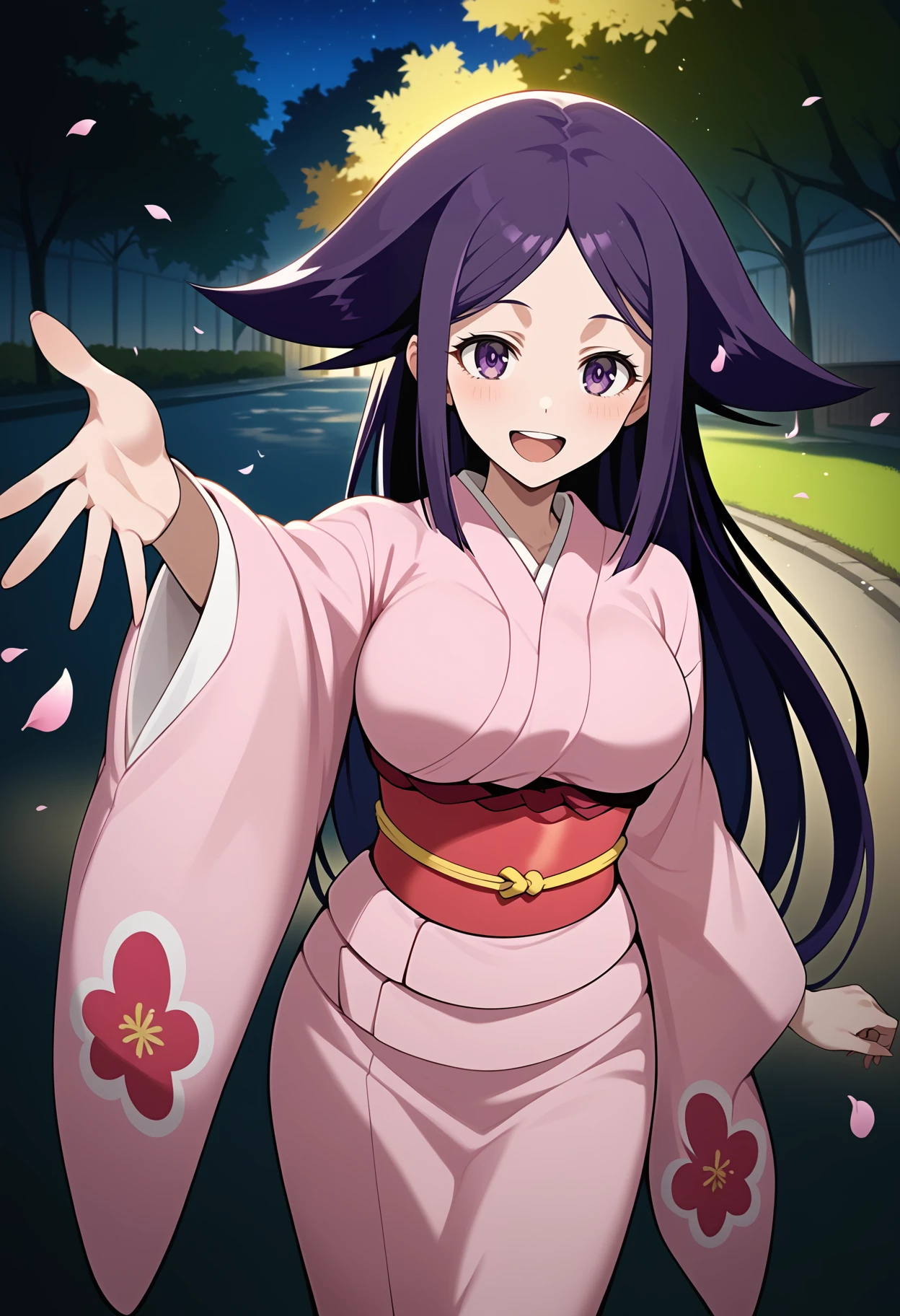 score_9, score_8_up, score_7_up, score_6_up, score_5_up, score_4_up, source_anime, aaoharu, long hair, purple hair, hair flaps, purple eyes, large breasts, japanese clothes, print kimono, pink kimono, long sleeves, obi, sash, <lora:oharu_ponyxl_v1:0.9>, standing, cowboy shot, outdoors, outstretched arm, reaching, park, night, petals, smile, open mouth,