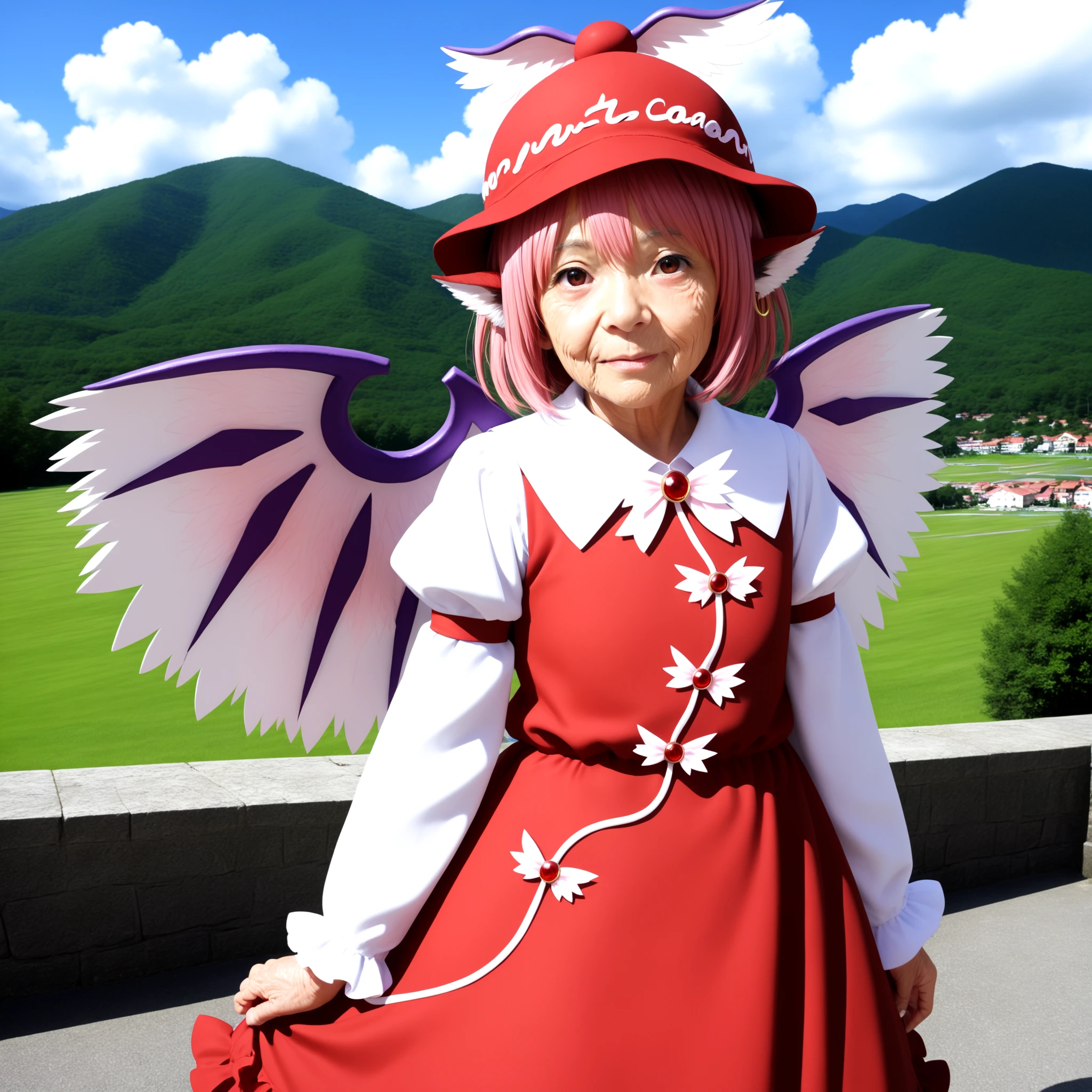 <lora:Mystia_Lorelei_for_flat_painting_SDXL:0.7>, cosplay_photo, old bared man, wrinkled skin, photorealistic, 3D, day, sky, cloud, mountain, solo, mystia lorelei, wings, bird ears, single earring, long fingernails, winged hat, long sleeves, frills, winged hat, puffy sleeves, frilled dress