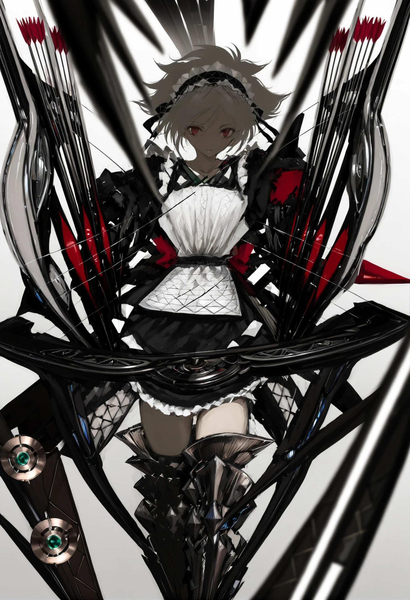 masterpiece, best quality,1girl, solo, izayoi sakuya, red eyes, arrow \(projectile\), weapon, thighhighs, bow \(weapon\), short hair, maid headdress, white hair, maid, braid, grey hair  
<lora:NARUEXLlokr4f-000179:0.95>