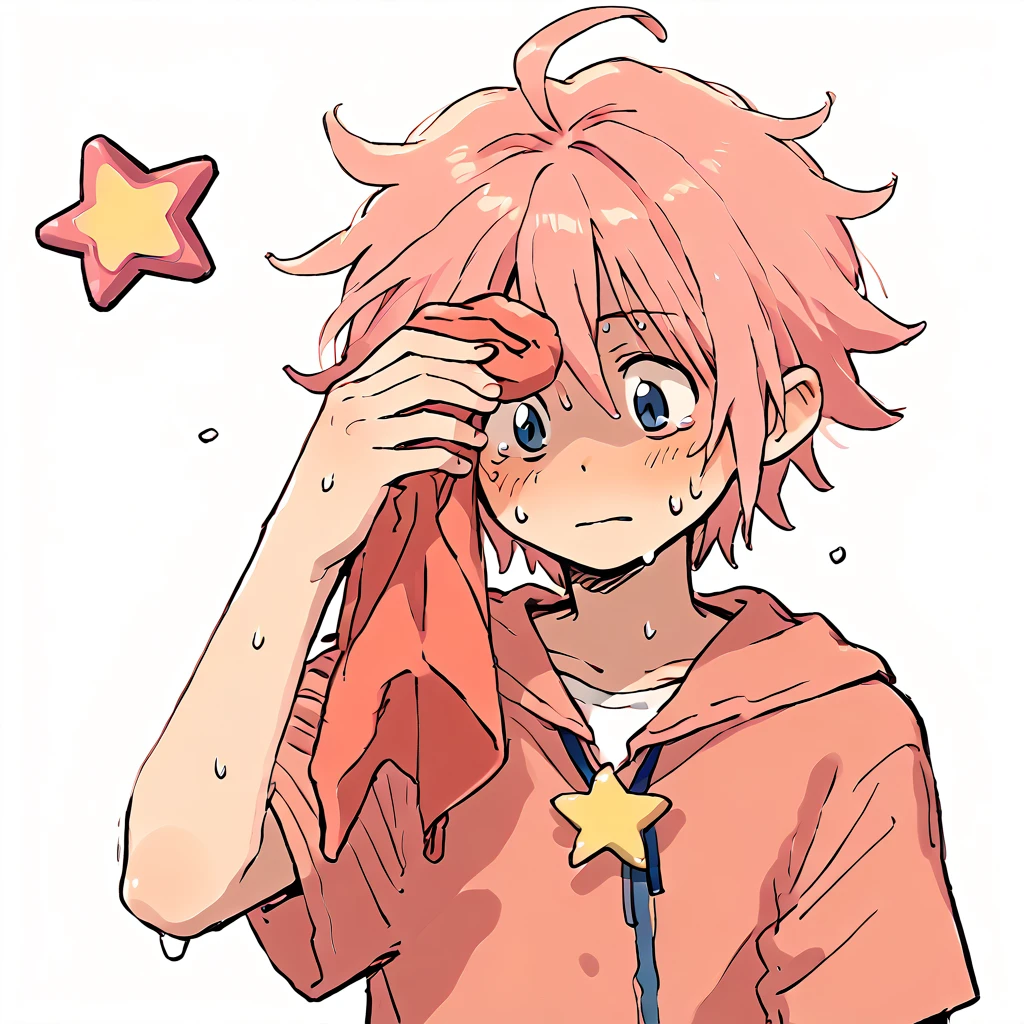 <lora:Kirby_Gijinka:1> pink hair, solo, blue eyes, 1boy, short hair, star (symbol), ahoge
 <lora:SweatingTowelGuy_XLPD:0.8> SweatingTowelGuy, sweat, towel, wiping sweat