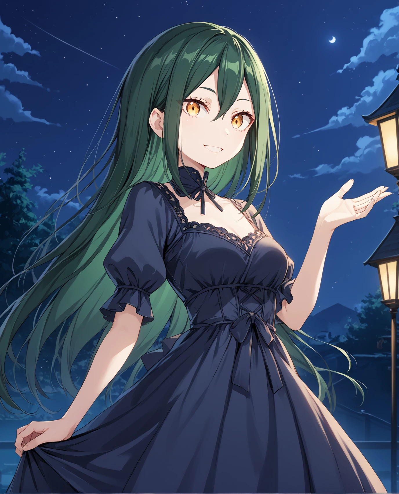 <lora:Crusch_ReZero:1>, long hair, crusch, dark green hair, yellow eyes, face, smile, dress, night time, score_9