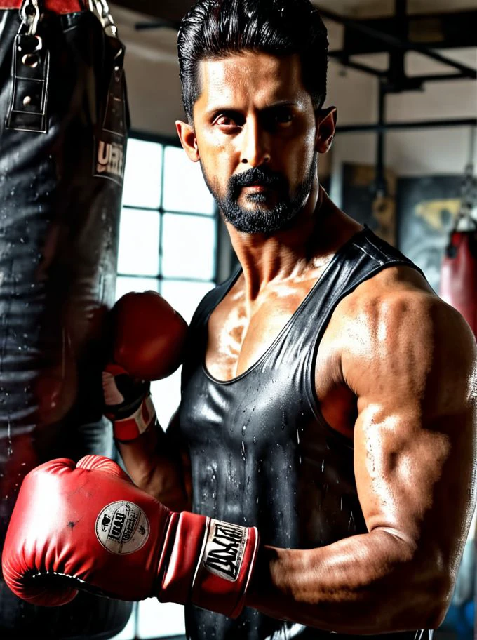 Ravi Dubey a man <lora:Ravi-Dubey:1>, punching a boxing bag in a grungy gym. Sweating it out, wearing a tight wet vest showing ripped biceps. Side view, high detail, realistic, 8k, depth of field, sharp focus, intricate, smooth, masterpiece, photorealistic, professional photoshoot quality, highly detailed detailed face, realistic skin, ultra-realistic, uhd, full body in frame, <lora:add-detail-xl:1>