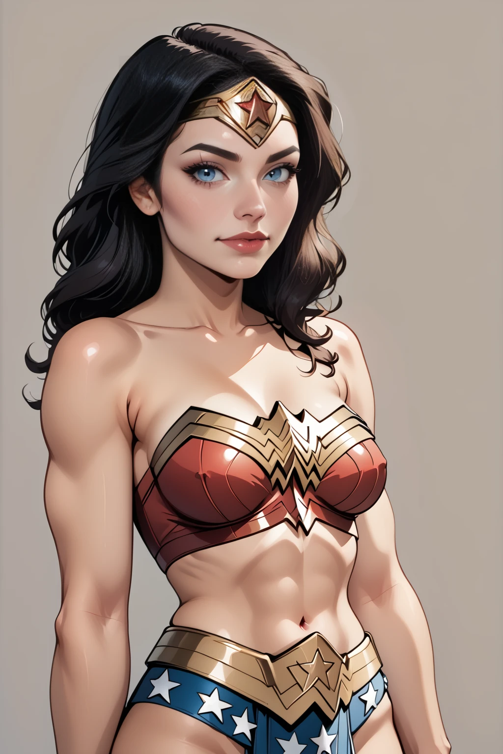 <lora:Wonder_Woman_PDXL_spamb0t:0.8>,DC_Comics_Wonder_Woman
BREAK long black hair
BREAK gold tiara
BREAK pelvic curtain,revealing cleavage,navel,midriff,very skimpy outfit,highheel boots
BREAK standing with one leg crossed over the other, arms at sides
BREAK seen from side, full shot
BREAK cowboy shot,abstract background
BREAK high quality,film grain,cinematic lighting,volumetric lighting,modeling shoot
BREAK (hyper detail,insanely detailed,best quality,masterpiece,photorealistic:1.4)