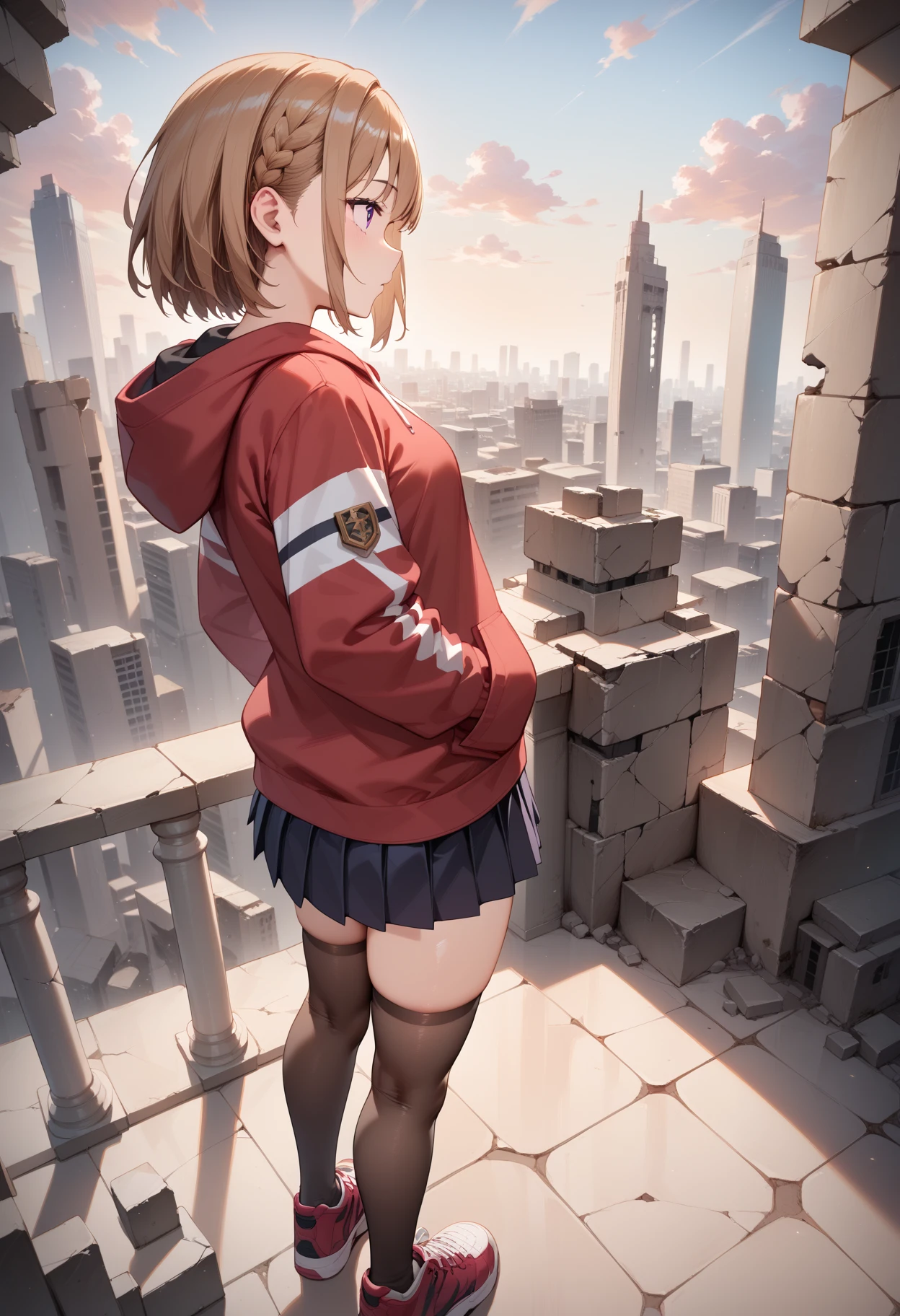 (score_9,score_8_up,score_7_up,source_anime,(masterpiece:1.2),best quality,very aesthetic,absurdres),intricate details,rim light,1girl,<lora:shiina_p_V5_3:1>,shiina,brown hair,purple eyes,
<lora:Fixhands_anime_bdsqlsz_V1:1>,hoodie,pleated_skirt,black_thighhighs,sneakers,dusk,rubble_ruins,tower,Skyscraper,city,cinematic_angle,dynamic_angle,from_back,profile,looking_up,looking_afar,, masterpiece,best quality, very aesthetic, absurdres, ultra detailed, high resolution, 4k, extremely detailed CG,