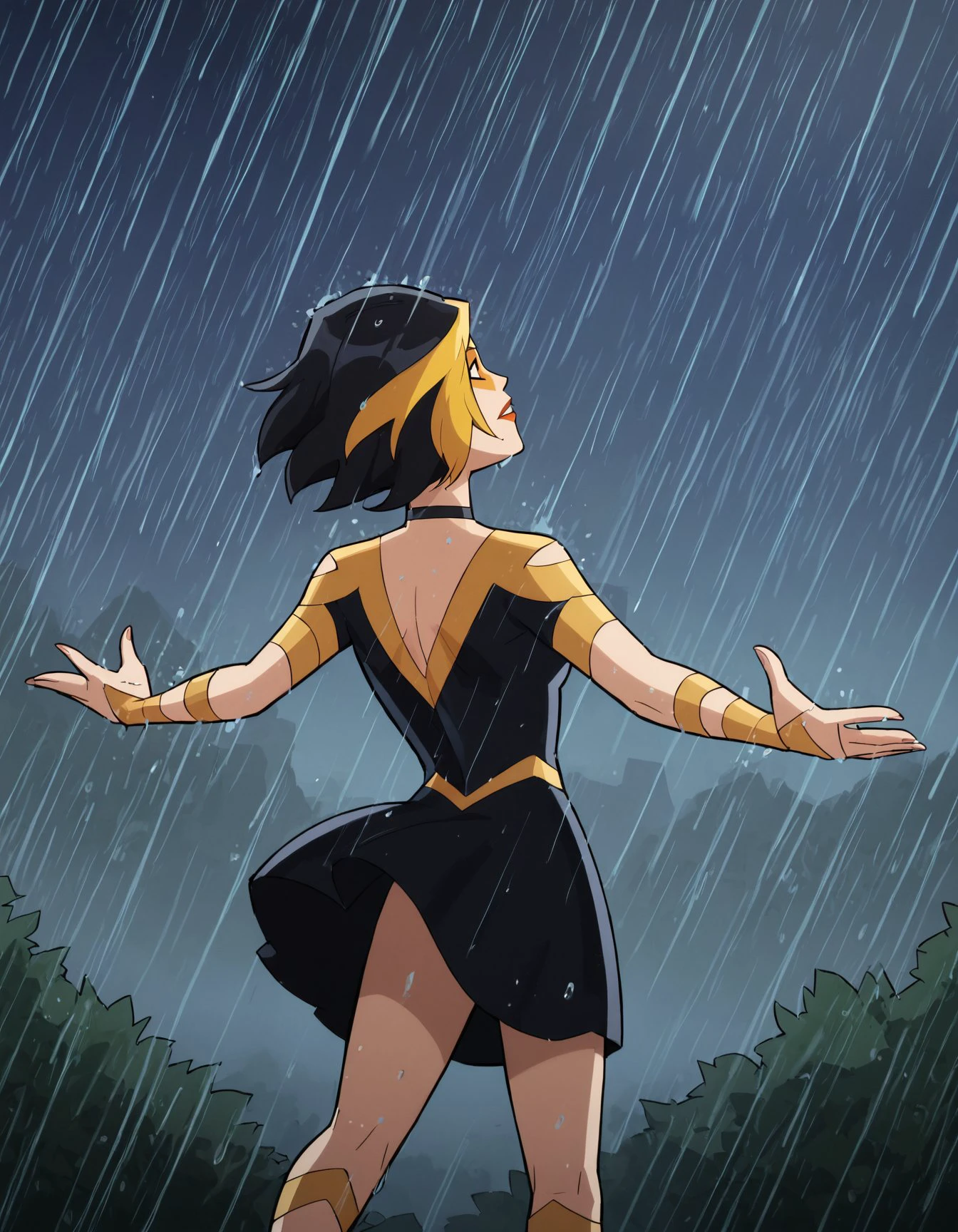 score_9, score_8_up, score_7_up, score_6_up BREAK, g0g1-dh, 1girl, solo, short hair, black hair, gold hair, multicolored hair, choker, domino mask, makeup, lipstick, gloves,black dress,IncrsSRPoster, outstretched arms, rain, from behind, outdoors, night, aura, glowing <lora:Golden_Glider_Kite_Man_r1:0.7> <lora:ShawshankRedemptionPoster_XLPD:1>