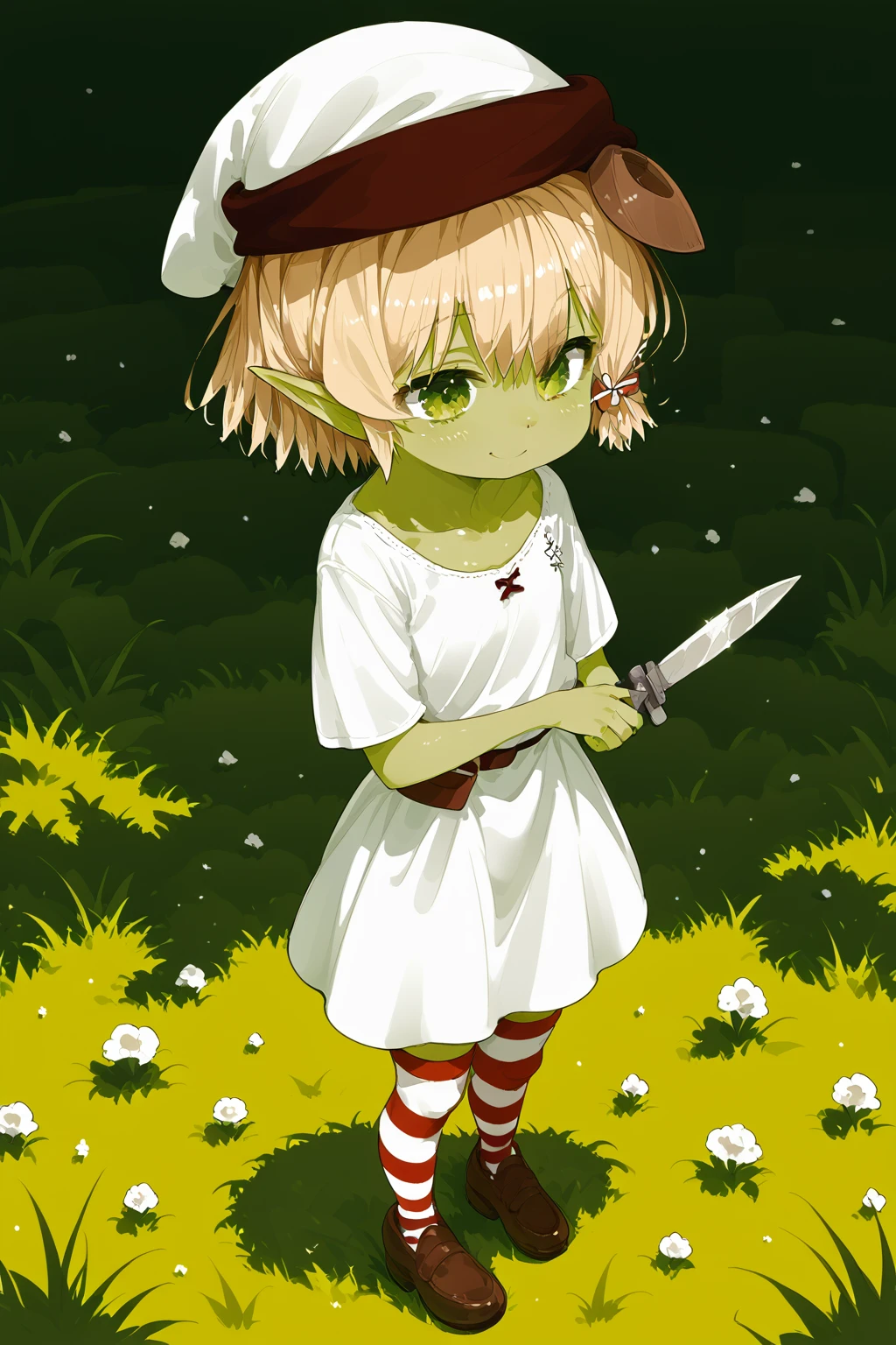 wasabi,yellow hair,green eyes,green skin,colored skin,pointy ears,goblin girls,red hat,white shirt,white dress,holding knife,1girl,solo,short hair,full body,striped thighhighs,brown shoes,standing,grass,smile,<lora:wasabi-XL:1>,