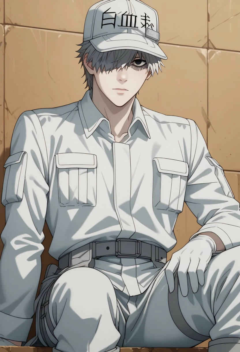 score_9, score_8_up, score_7_up, source_anime, rating_safe, Neucell, 1boy, male focus, anime screencap, black eye, pale skin, sensory receptor, white cap, collared white shirt, white pants, white gloves, grey belt, grey thigh strap, white boots, sitting,