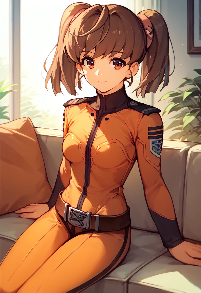 score_9, score_8_up, score_7_up, solo, 1girl, misaki yuria, smile, closed mouth, looking at viewer, sitting, couch, twintails, orange bodysuit, belt, indoors <lora:spacebattleship_misaki_ponyXL:1>