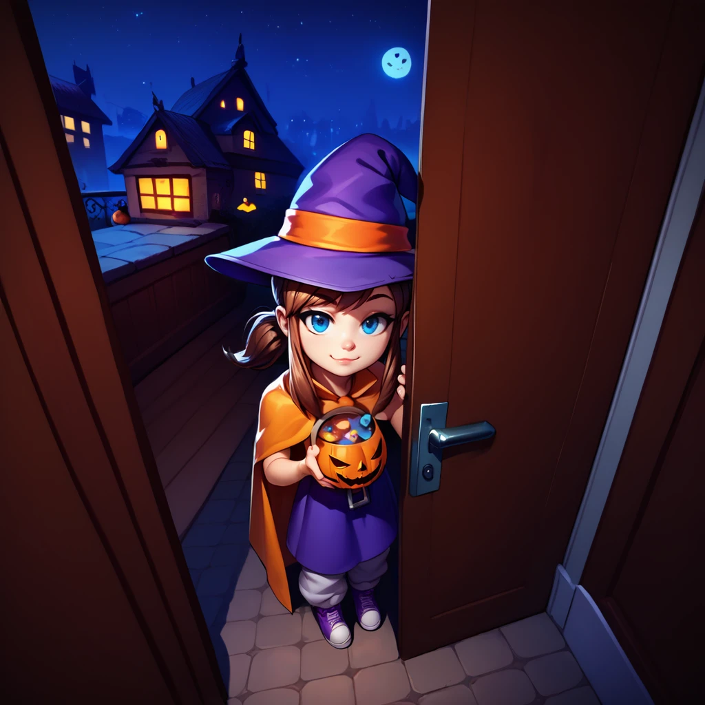 <lora:hatkid:1>,1girl,solo,hat-kid,brown hair,sidelocks,ponytail,blue eyes,beedroom eyes,witch hat,purple dress,yellow cape,zipper pull tab,white pants,
from above,pov,trick or treat,doorway,threshold,open door,looking at viewer,smug,closed mouth,holding halloween bucket,outstretched hand,open hand,asking for candy,
ghost,halloween,halloween theme,night,night sky,city,suburb,, score_9, score_8_up, score_7_up, perfect anatomy, source_anime, zPDXL2,