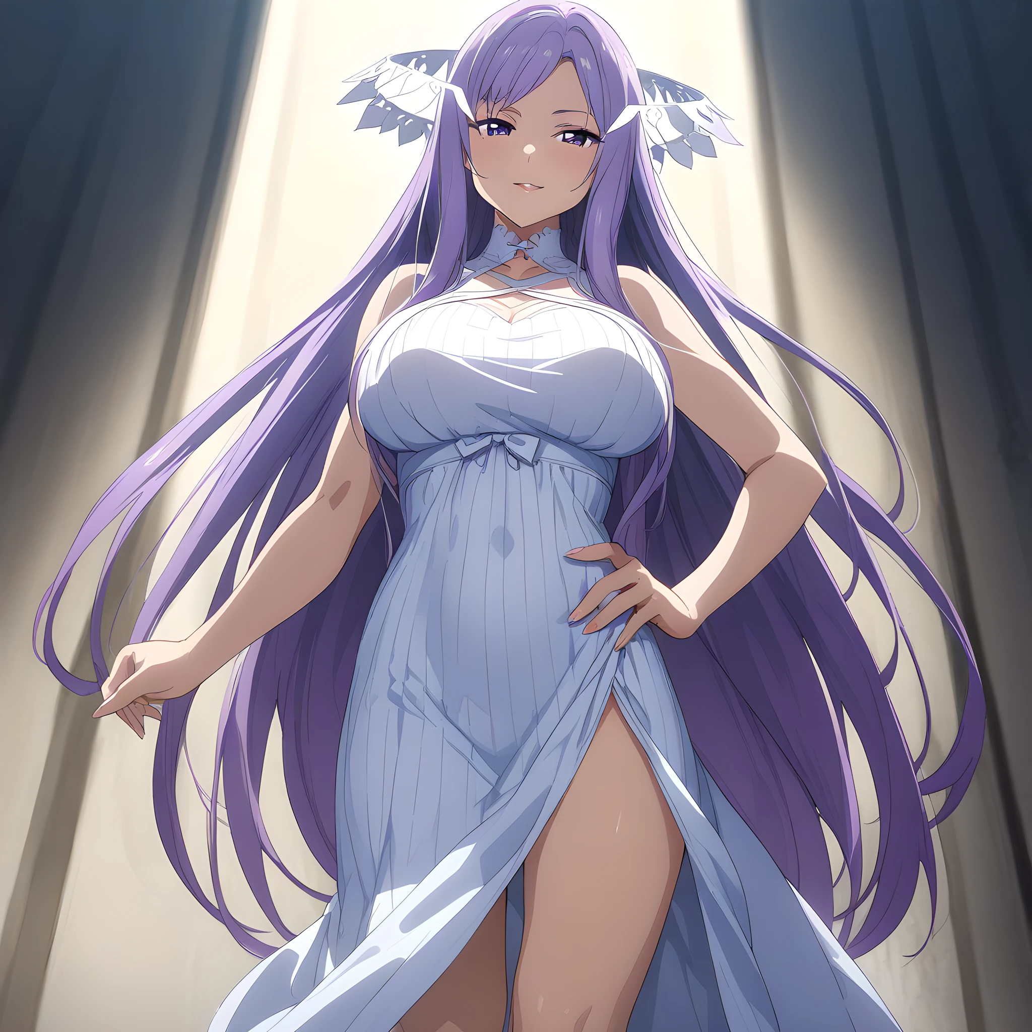 (masterpiece),(best quality),(ultra-detailed),(best illustration),(best shadow),(absurdres),(detailed background),(very aesthetic), quinella, 1girl, solo, long hair, dress, very long hair, barefoot, purple eyes, purple hair, white background, large breasts, looking at viewer, cowboy shot, hand on hip, dark alleyway background, white dress, seductive smile, from the front view, anime coloring,<lora:XL-Quinella:1>