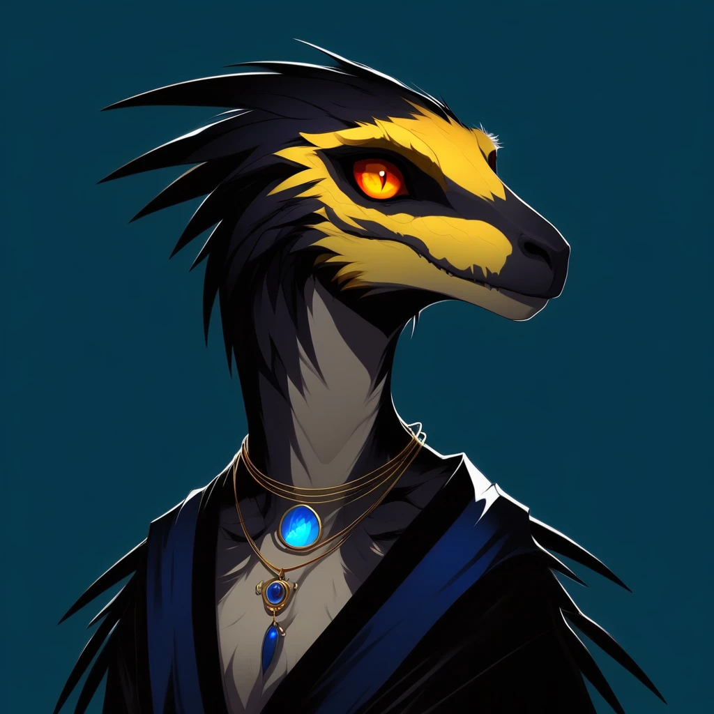 yellow sclera, jewelry, orange eyes, simple background, haori, sharp teeth, colored sclera, furry, blue feathers, deintest