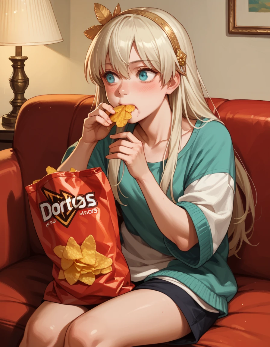 score_9, score_8_up, score_7_up, score_6_up, score_5_up, score_4_up, 1girl, anastasia_\(fate\), couch, lamp, hud_d0ritos, food, eating, Doritos, holding bag of chips <lora:d0ritos-000008:0.8> ,