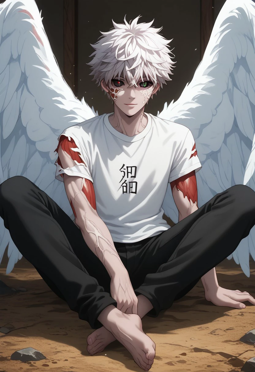 score_9, score_8_up, score_7_up, source_anime, rating_safe, Cancell, 1boy, male focus, anime screencap, monster, black sclera-heterochromia, red tendons, white Cancell shirt, black pants, barefoot, angel wings, sitting, hands with five fingers, feet with five toes,