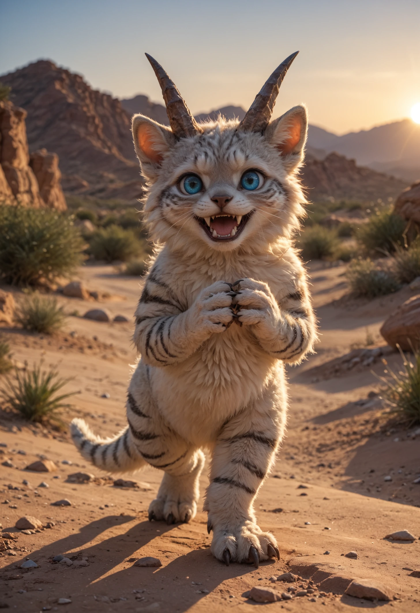 score_9, score_8_up, score_7_up, score_6_up, rating_safe,
cute horned hybrid lifeform, bipedal, cuddly,
long fangs, striped fur, bright eyes, fluffy, (talons:0.6),
hunting,
desert, backlit,
at night, nocturnal,
detailed realistic photo