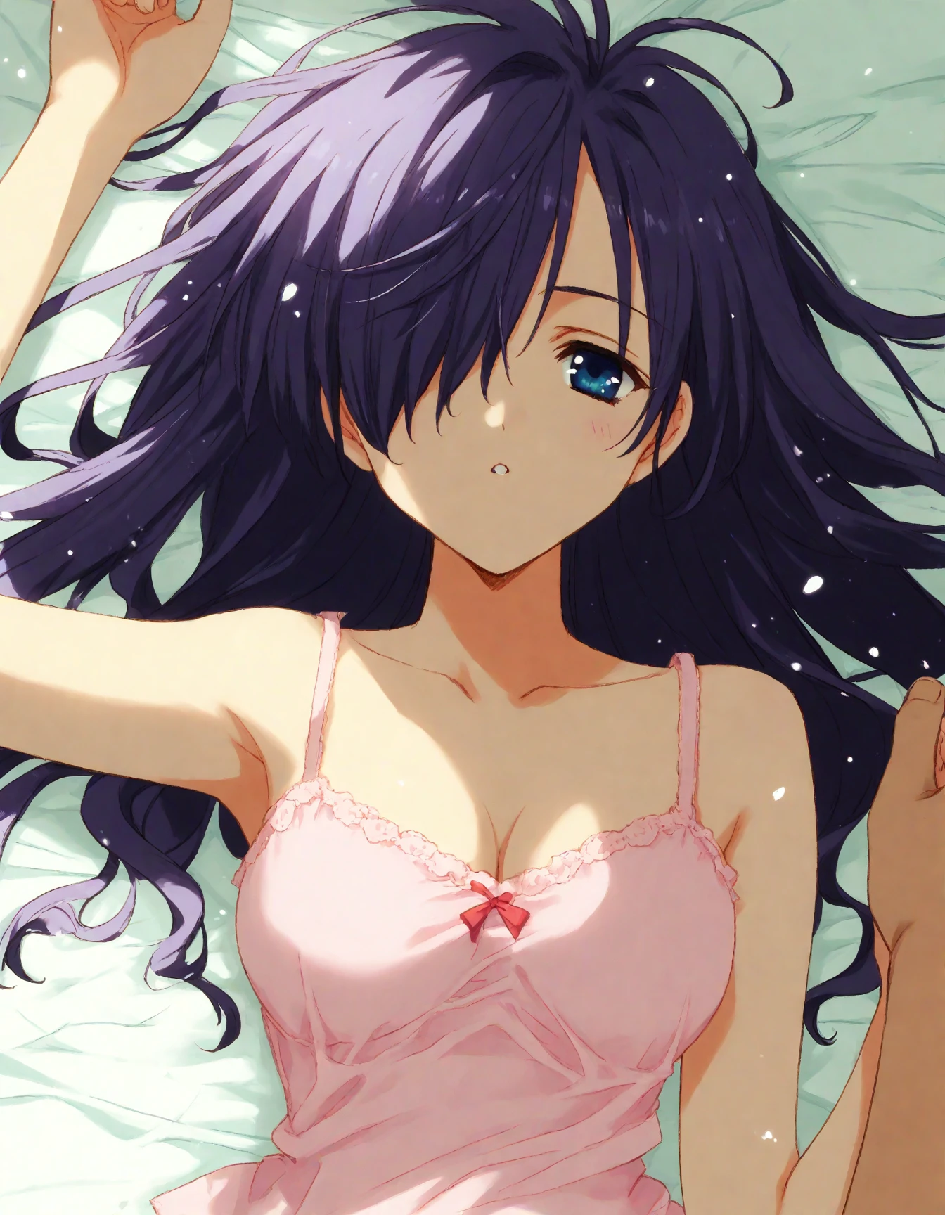 ((masterpiece, highest quality:1.2)),in perspective,cowboy shot,1woman,18 year old beauty、solo,long hair,dark purple hair,(very small head),shy,smile,slender and long body,skinny,medium breasts,oily skin,shiny skin,Waking up、Tank top、panties、lying,Simple bed、simple interior、early morning、Tokyo、