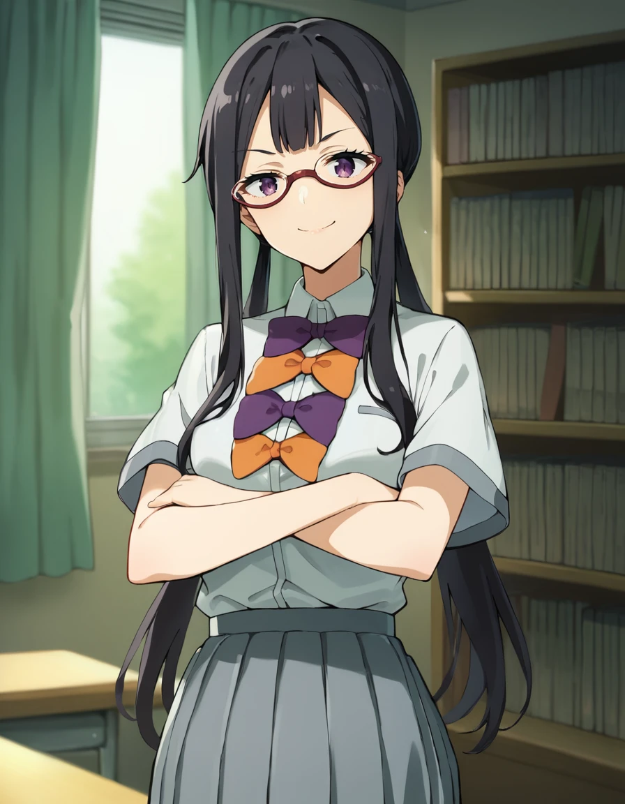 score_9, score_8_up, score_7_up, source_anime, BREAK
1girl, solo, looking at viewer, blurry background, indoors, books, (smug:0.8),
koto tsukinoki, long hair, black hair, twintails, sidelocks, glasses, purple eyes
school uniform, white collared shirt, short sleeves, purple bow, orange bow, grey pleated skirt, crossed arms,
<lora:koto_tsukinoki_anime-soralz:1>