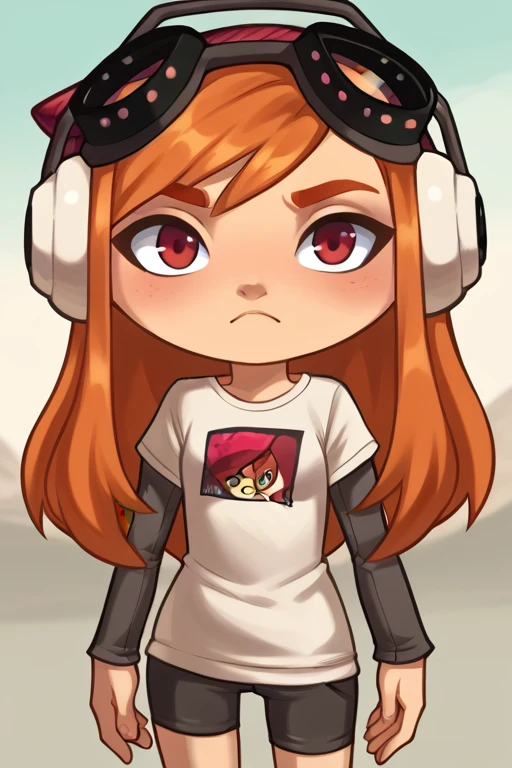 2D, score_9, score_8_up, score_7_up, BREAK, Chibi, 1girl, Meggy, Orange Hair, Red Eyes, White Shirt, Grey Sleeves, shorts, headphones, red beanie, goggles<lora:EMS-441712-EMS:1.000000>