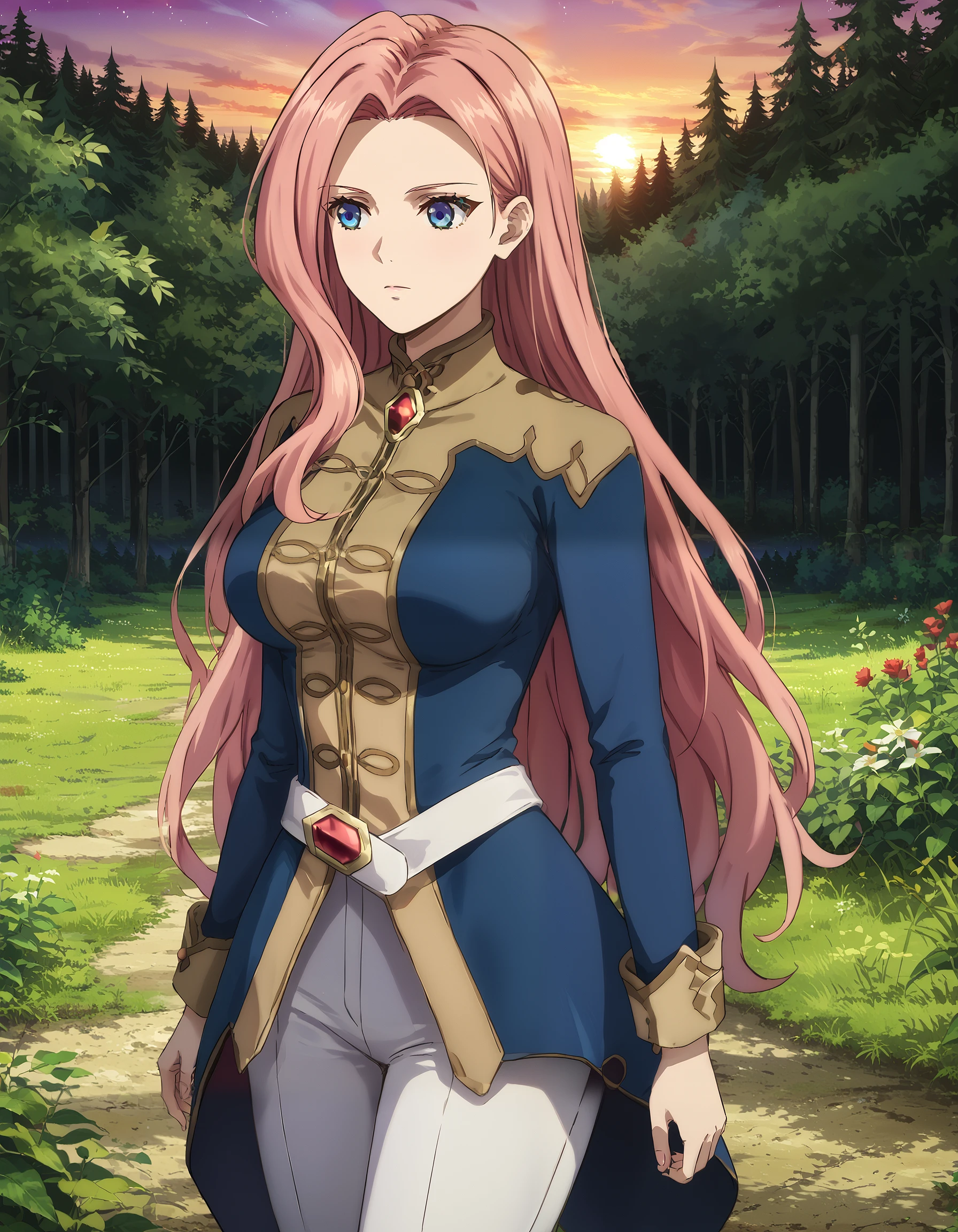 score_9, score_8_up, score_7_up, masterpiece, absurdres, source_anime, perfect anatomy,

good_hands,

1girl, solo,
EclairSeaetto, pink hair, long hair, bang, blue eyes, big breast,
uniform, two tone jacket, white pants, two tone boots, outdoors, forest, sunset, starry sky,