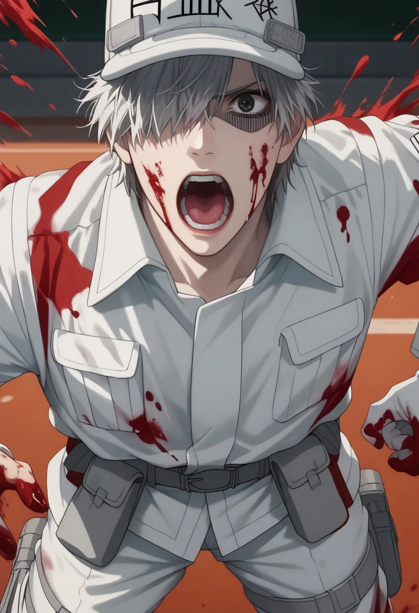 score_9, score_8_up, score_7_up, source_anime, rating_safe, blood, Neucell, 1boy, male focus, anime screencap, black eye, pale skin, open mouth, screaming, white cap, collared white shirt, white pants, white gloves, grey belt, grey thigh strap, running, blood on clothes, blood on face, hands with five fingers, blood splatter,