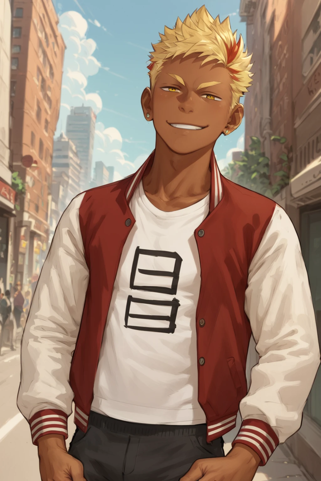 score_9, score_8_up, score_7_up,  1boy,  <lora:Apollo_Mentaiko:0.8>, solo, Apollo, blonde hair, multicolor hair, yellow eyes, blonde eyebrows, [dark skin],  earrings,letterman jacket, smirk, standing, looking at viewer, outdoors, city, <lora:add-detail-xl:1.2>,  <lora:OtherStyle_01:0.8>