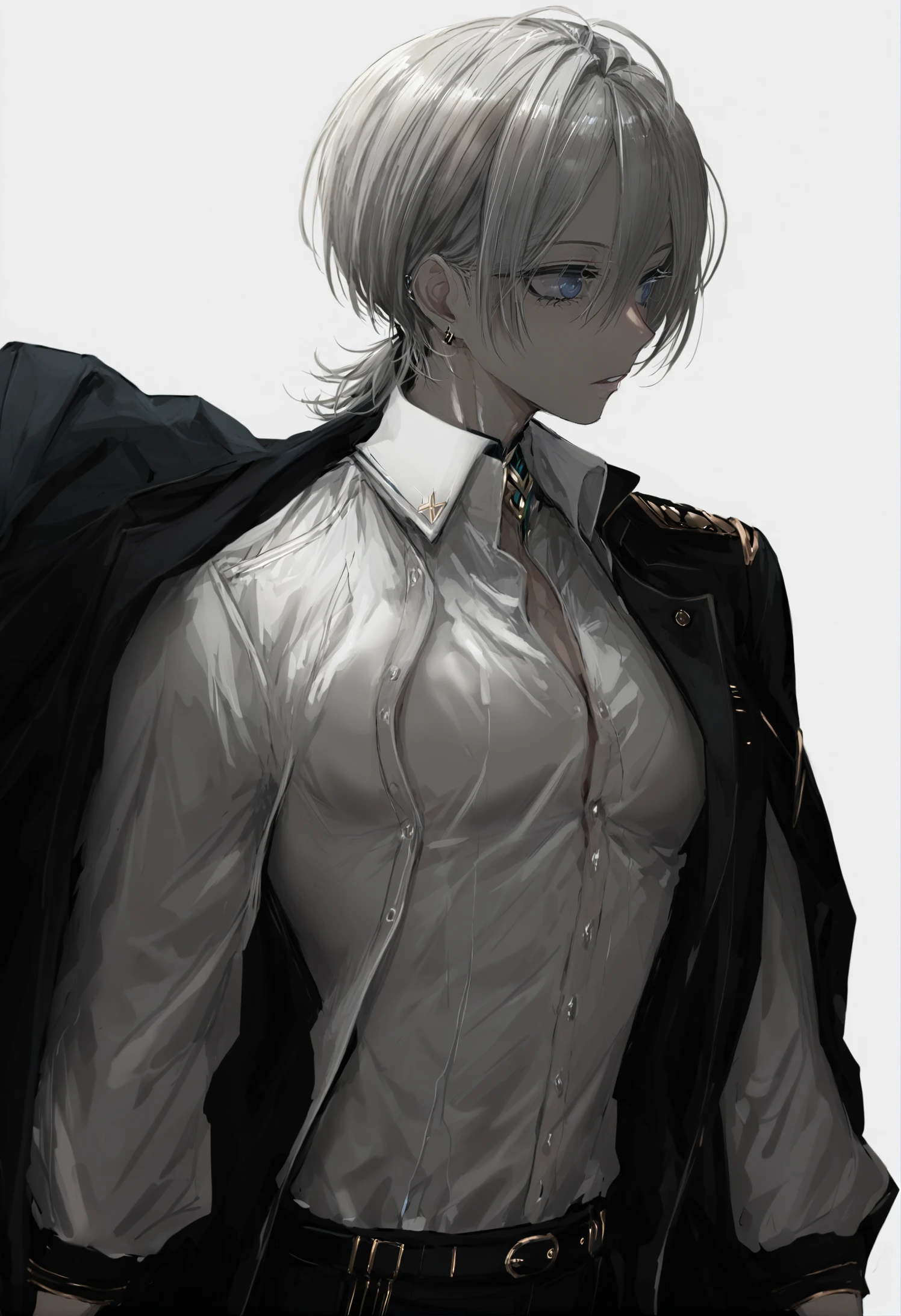 masterpiece, best quality,male focus, 1boy, solo, grey hair, viktor nikiforov, simple background, shirt, blue eyes, white background, upper body, open shirt, open clothes, collared shirt, profile, parted lips, white shirt, pectorals  
<lora:NARUEXLlokr4f-000179:0.95>