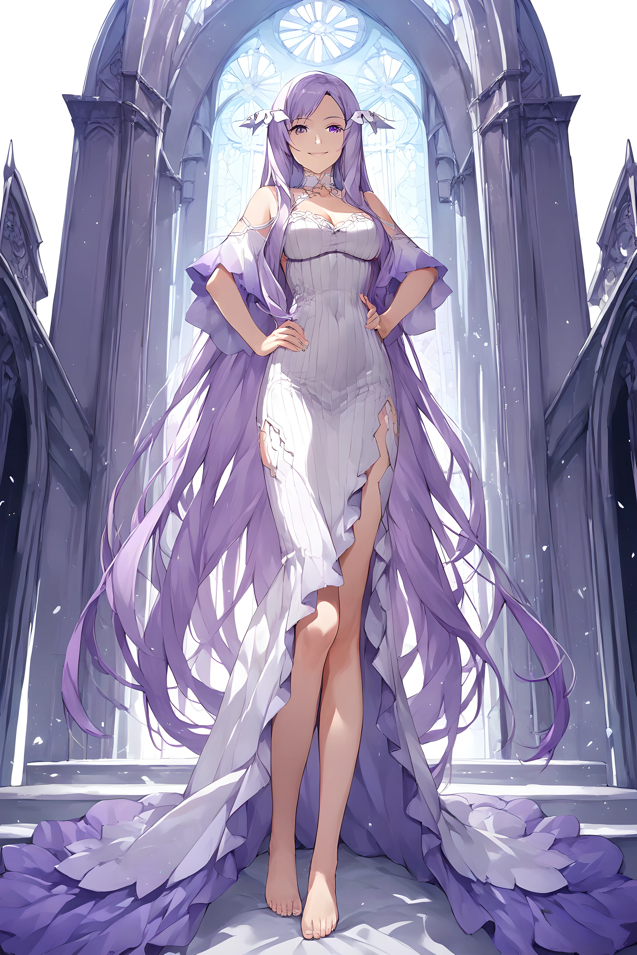 score_9, score_8_up, score_7_up, score_6_up, source_anime, quinella, 1girl, solo, long hair, dress, very long hair, barefoot, purple eyes, purple hair, white background, breasts, looking at viewer, full body, hand on hip, cathedral background, , white dress, smile <lora:Pony-XL-Quinella:1>