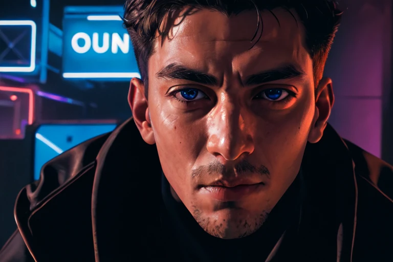 masterpiece,photography, highres,1boy,city,neon lights,[close-up], <lora:projectishMKVI-000010:0.6>