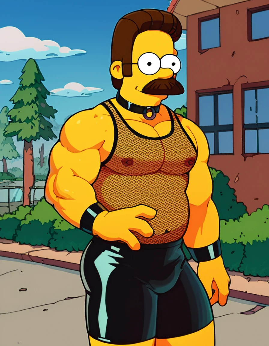 score_9, score_8_up, score_7_up, score_6_up, score_5_up, score_4_up, <lora:SC-TS_NedFlanders_Pony:1>, n3df, smile, closed mouth, 1boy, round eyes, black eyes, round eyewear, mustache, the simpsons, 4 fingers, dot pupil, yellow skin, black eyes, short hair, brown hair, bara, muscular, pectorals, tank top, choker, latex shorts, fishnet shirt, outdoors, night