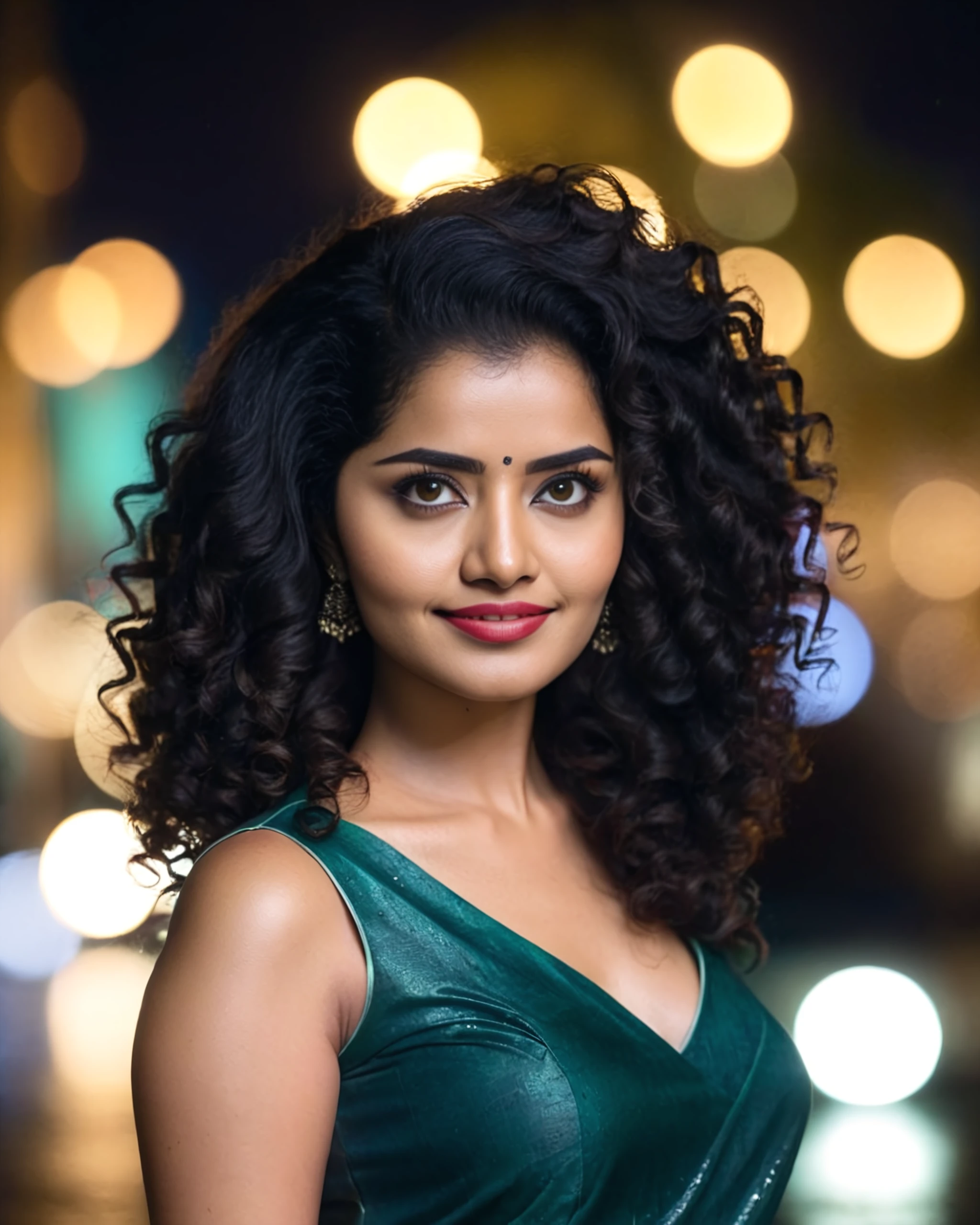 full body photo of Anu Param woman, solo, curls hair cut, , looking at the camera, ethnic Jade , night time, contrasting background bokeh,  skindentation,  <lora:Anu_Param_SDXL_LoRA_prodigy_local_xformers_HNE:1>