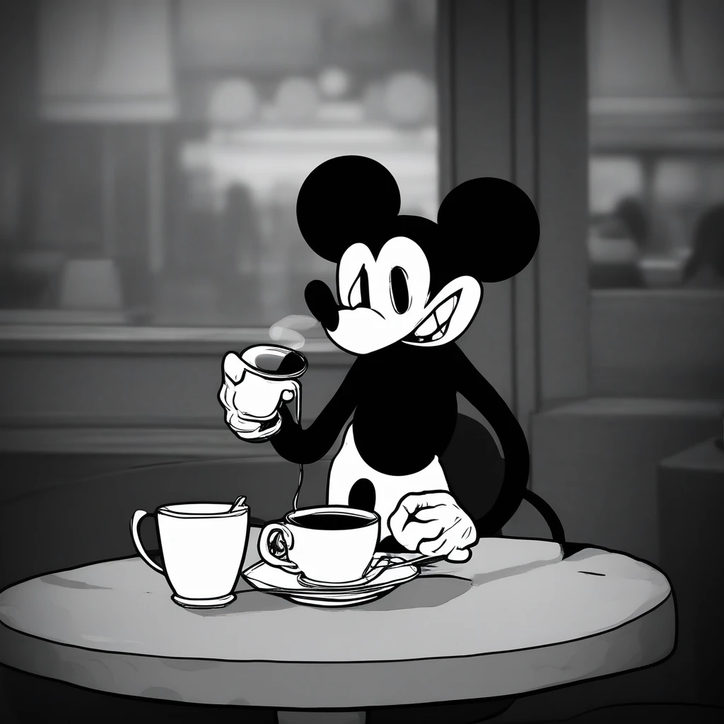 sadmouseavi, 1mouse, drinking a tea, in a cafe, monochrome