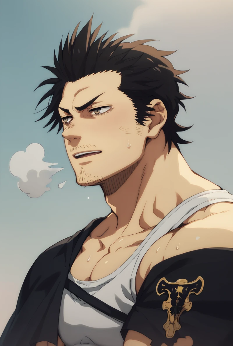 yami sukehiro,score_9, score_8_up, score_7_up, score_6_up, ,male focus, 1boy, stubble, facial hair, black hair, brown eyes, muscular, heavy breath. sweat,bara,  white tank top, pectorals, black capelet, blue sky background,, <lora:Bara-Variety:1> <lora:Expressive_H:1>,<lora:ShinFather_-Yami_Sukehiro:0.85>