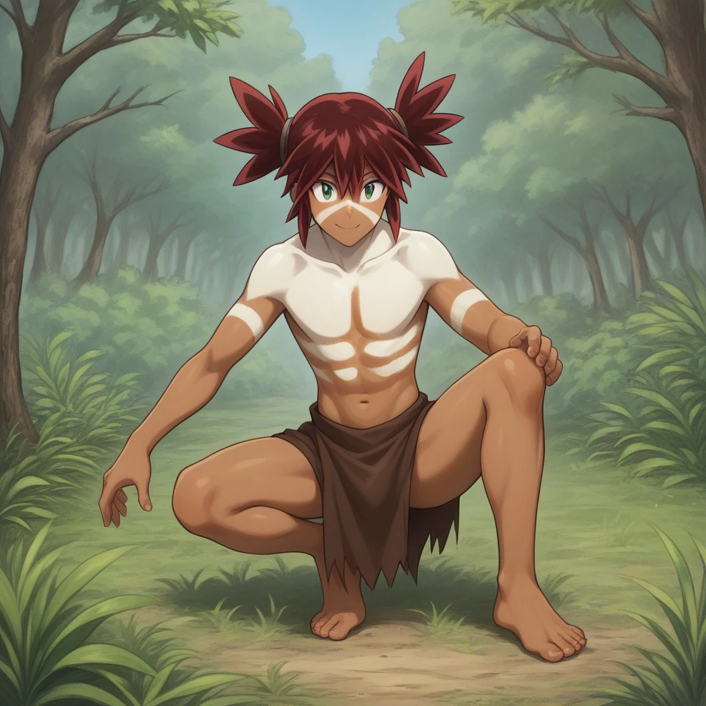 score_9, score_8_up, score_7_up,full-length portrait, dynamic pose, perfect anatomy, source_anime, highly detailed, 1boy, solo, male_focus, slender, skinny, cute, dark skin, bodypaint, 1boy, male focus, loincloth, green eyes, topless, smile, outdoors, red hair, day, closed mouth, barefoot, feet, facial mark, navel, twintails, tribal, collarbone, hair between eyes,
simple background,