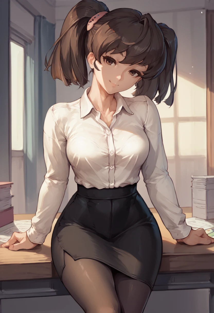 score_9, score_8_up, score_7_up, solo, 1girl, misaki yuria, smile, looking at viewer, sitting on table, twintails, white shirt, collared shirt, long sleeves, black skirt, pencil skirt, black pantyhose, indoors, office <lora:spacebattleship_misaki_ponyXL:1>