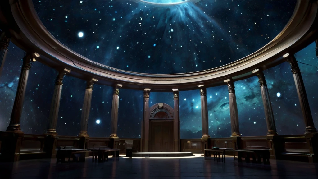 A realistic depiction of a backroom level known as "The Celestial Observatory." The scene features a vast, circular chamber with a transparent domed ceiling, revealing an alien night sky filled with unfamiliar constellations and swirling nebulae. The walls are adorned with advanced alien machinery and glowing star maps. In the center of the room stands an enormous, iridescent metal telescope surrounded by alien control panels. Ethereal, translucent beings float around, shimmering with a ghostly silver light. The photo is taken with an iPhone, capturing the fine details of the telescope and the alien machinery.