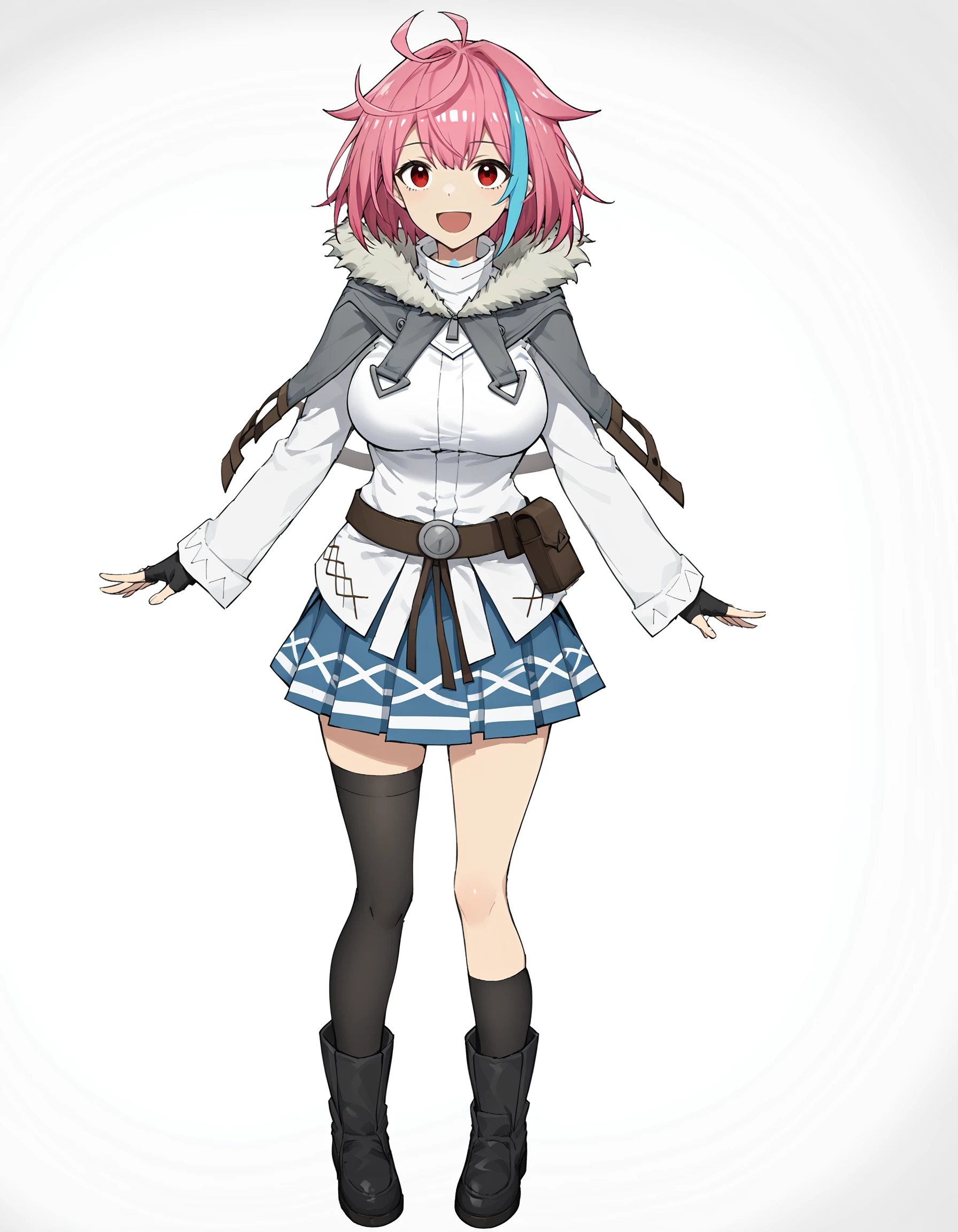 score_9,score_8_up,score_7_up,
<lora:xialuo_pony:0.8>,xialuo,1girl,solo,pink hair,skirt,thighhighs,single sock,smile,open mouth,asymmetrical legwear,breasts,large breasts,red eyes,single kneehigh,white background,socks,looking at viewer,full body,gloves,multicolored hair,boots,blue skirt,belt,shirt,fingerless gloves,pleated skirt,single thighhigh,simple background,long sleeves,ahoge,miniskirt,black footwear,blue hair,streaked hair,pouch,fur trim,black gloves,white shirt,:d,uneven legwear,short hair,kneehighs,capelet,standing,<lora:Anime_Screencap:1>,anime screencap,