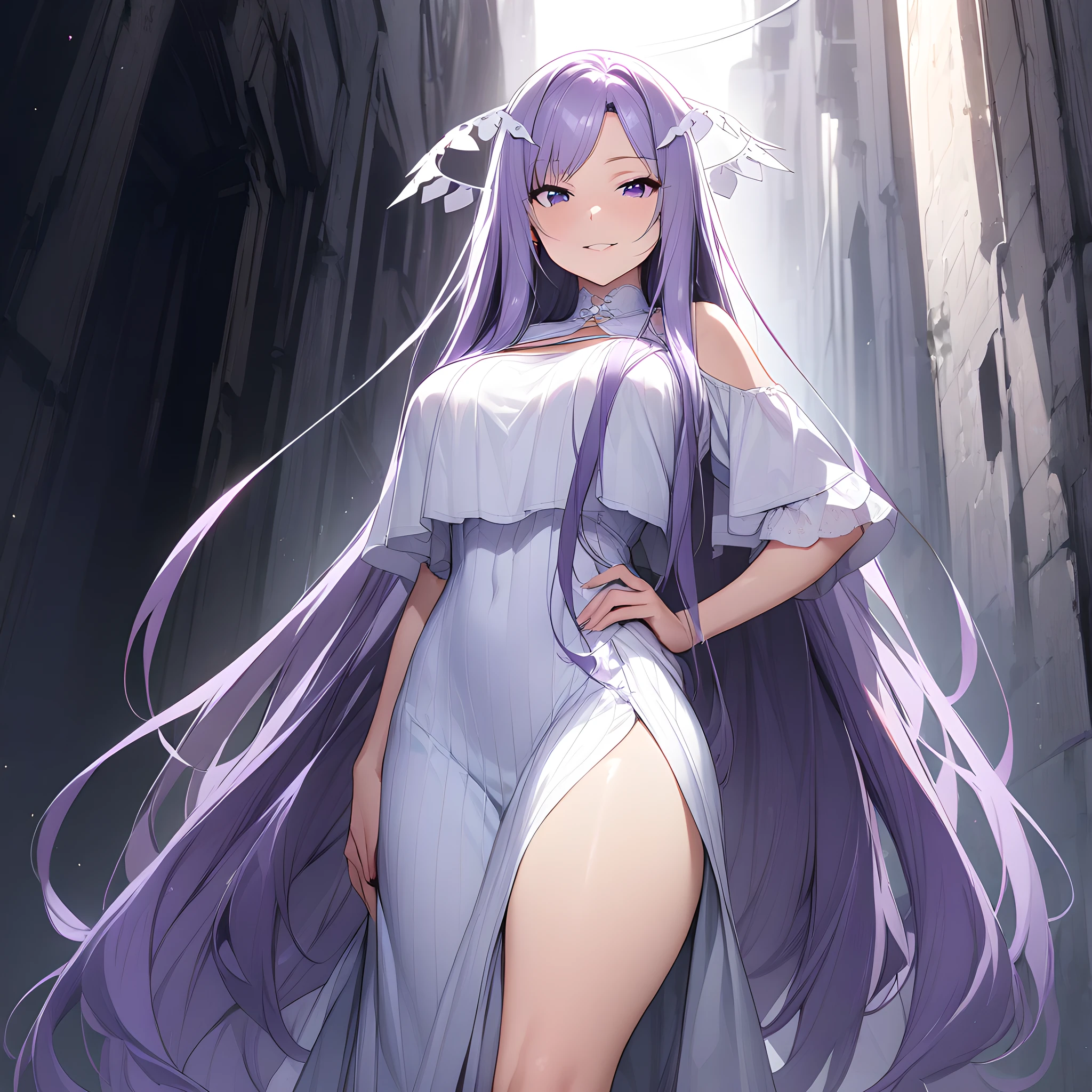 (masterpiece),(best quality),(ultra-detailed),(best illustration),(best shadow),(absurdres),(detailed background),(very aesthetic), quinella, 1girl, solo, long hair, dress, very long hair, barefoot, purple eyes, purple hair, white background, large breasts, looking at viewer, cowboy shot, hand on hip, dark alleyway background, white dress, seductive smile, from the front view, <lora:XL-Quinella:1>