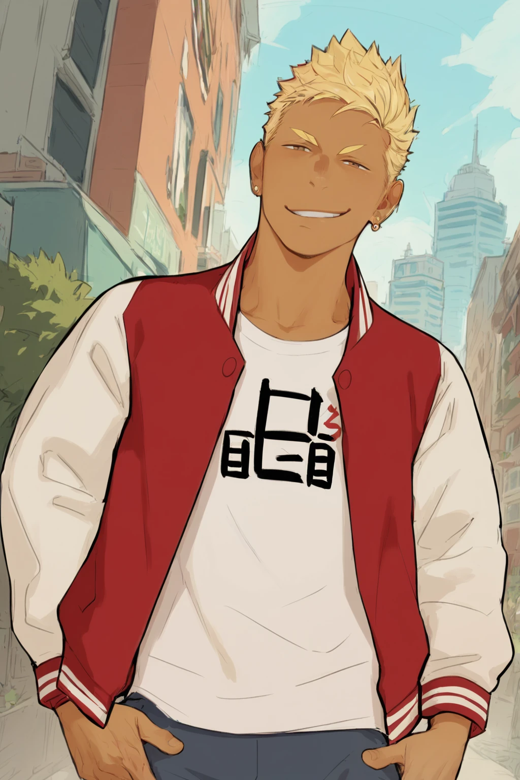 score_9, score_8_up, score_7_up,  1boy,  <lora:Apollo_Mentaiko:0.8>, solo, Apollo, blonde hair, blonde eyebrows, dark skin,  earrings,letterman jacket, smirk, standing, looking at viewer, outdoors, city,  <lora:mentaiko:0.8>,  <lora:add-detail-xl:1.2>