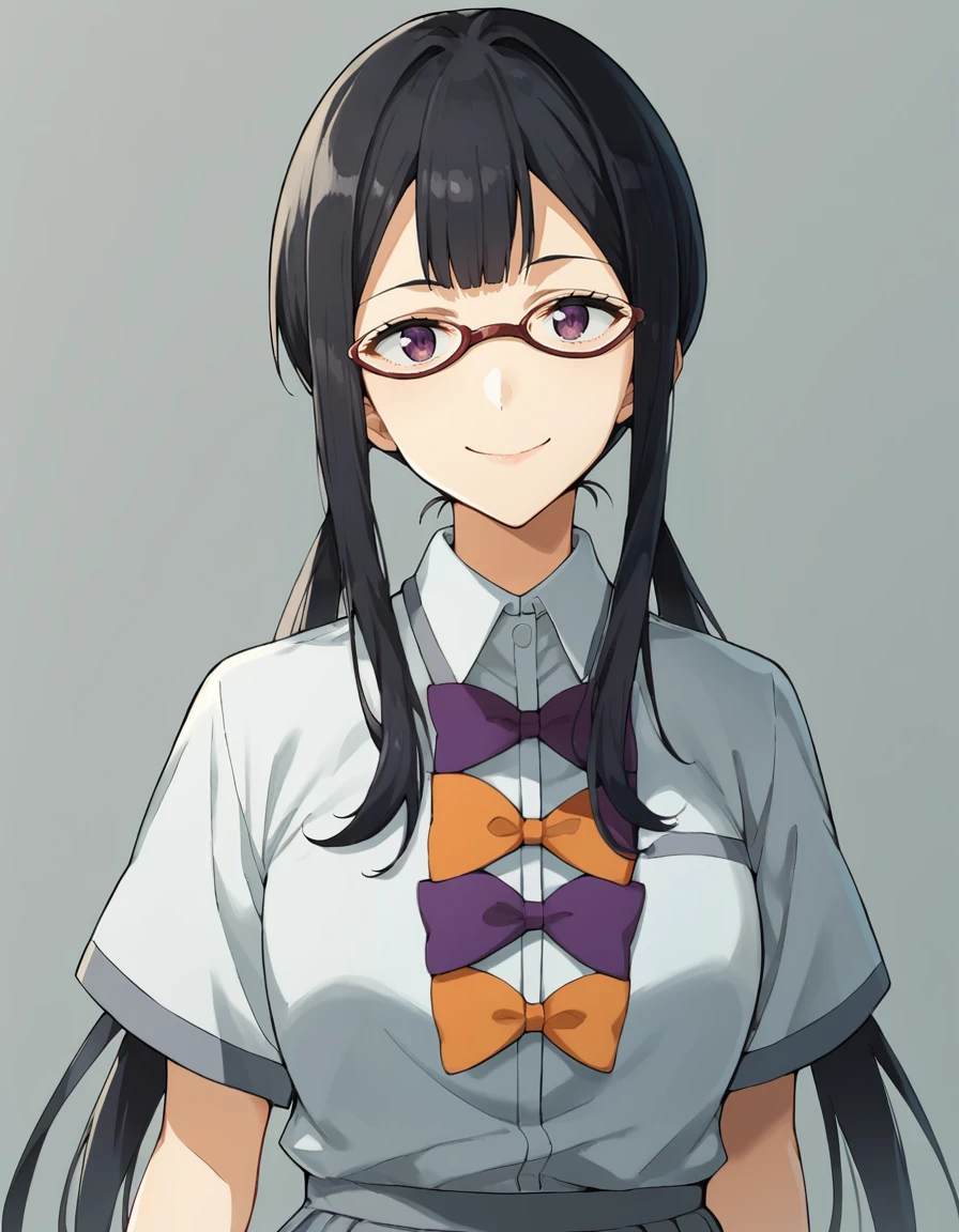 score_9, score_8_up, score_7_up, source_anime, BREAK
1girl, solo, looking at viewer, simple background, light smile,
koto tsukinoki, long hair, black hair, twintails, sidelocks, glasses, purple eyes
school uniform, white collared shirt, short sleeves, purple bow, orange bow,
<lora:koto_tsukinoki_anime-soralz:1>