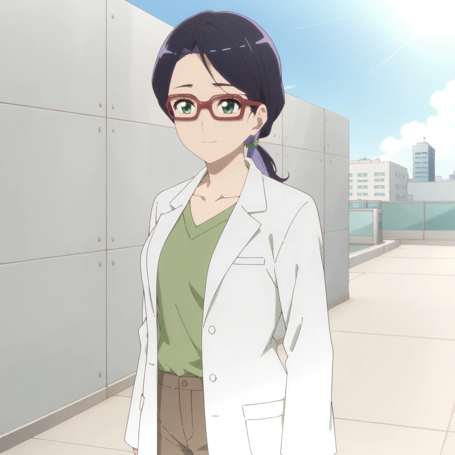 <lora:NCfY_JyoiXLpony001>,
smile,
solo,
Jyoi,1girl,multicolored hair,black hair,purple hair,low ponytail,green eyes,red-framed eyewear,
lab coat,green shirt,
brown pants,
outdoors,
standing,