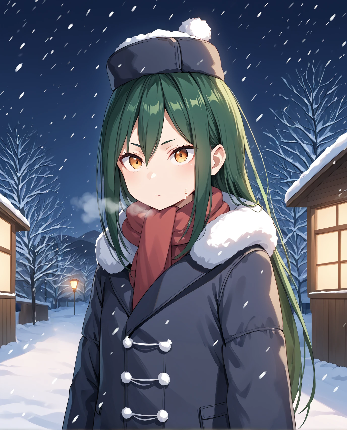 <lora:Crusch_ReZero:1>, long hair, crusch, dark green hair, yellow eyes, winter coat, outdoors, snow, red cheeks, cold, hat, night, snowfall, solo, score_9