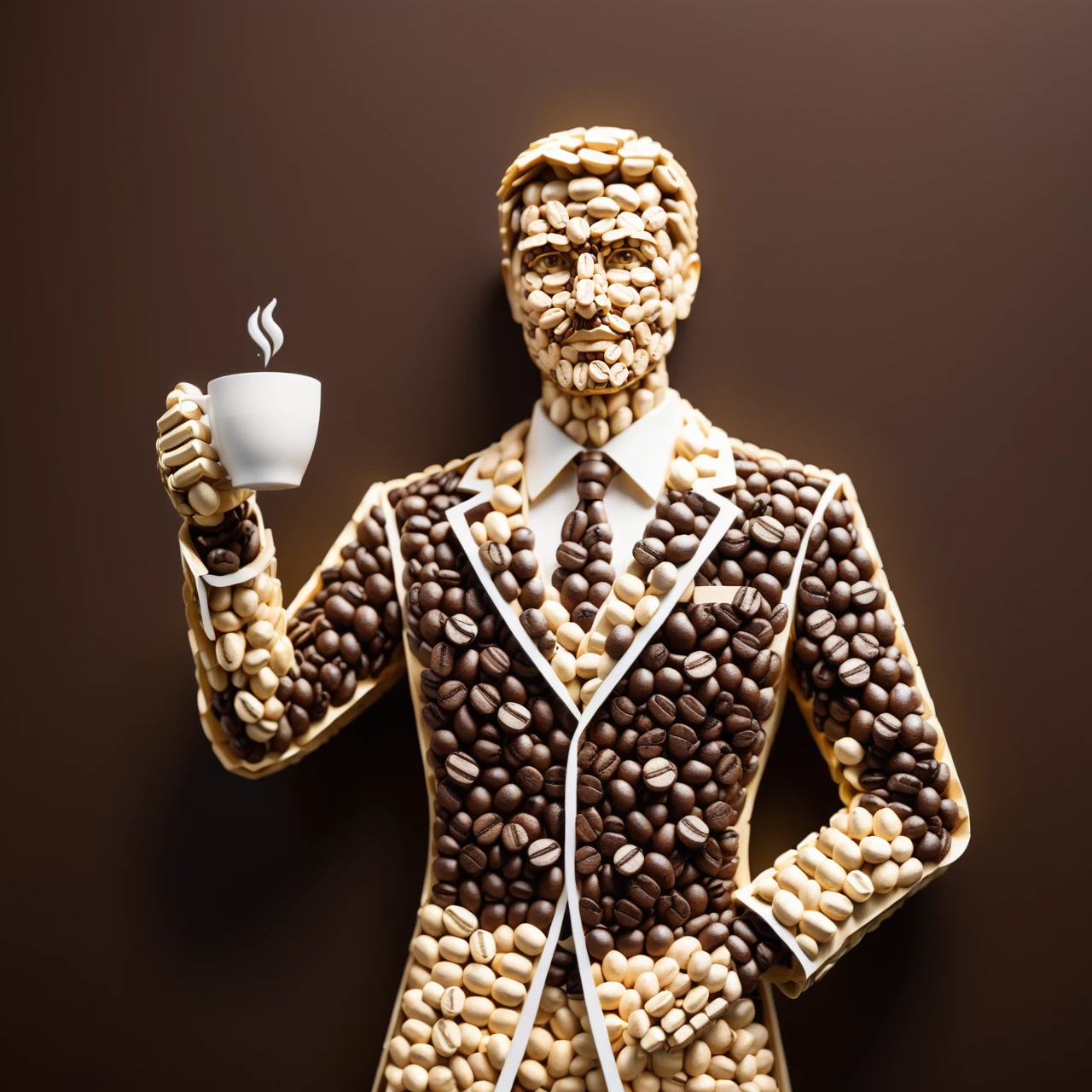 a Jed-cofbns, simple background, stacked papercut art of "Brass Man", 3D, layered, dimensional, depth, precision cut, stacked layers, papercut, high contrast, simple background, <lora:CoffeeBeansStyle:1>, handsome, complex artistic color composition, gorgeous, shiny, fabulous colors, vivid colors