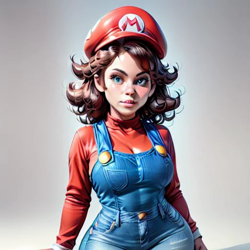 solo, 1woman, even lighting, no glow, no aura, Mariette, facing forward, mario hat, adult woman, brown hair, lightly curly hair, blue eyes, average bust, wide hips, denim coveralls, red shirt