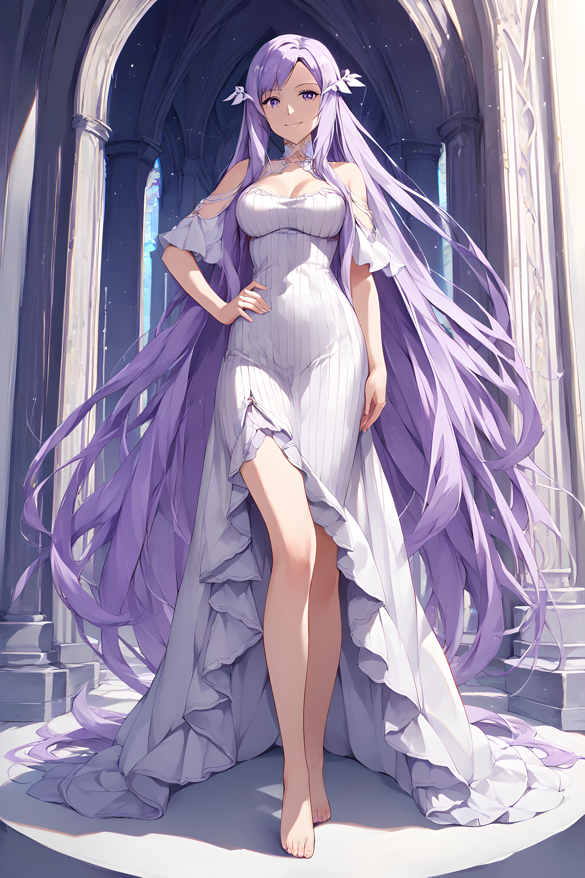 score_9, score_8_up, score_7_up, score_6_up, source_anime, quinella, 1girl, solo, long hair, dress, very long hair, barefoot, purple eyes, purple hair, white background, breasts, looking at viewer, full body, hand on hip, cathedral background, , white dress, smile <lora:Pony-XL-Quinella:1>